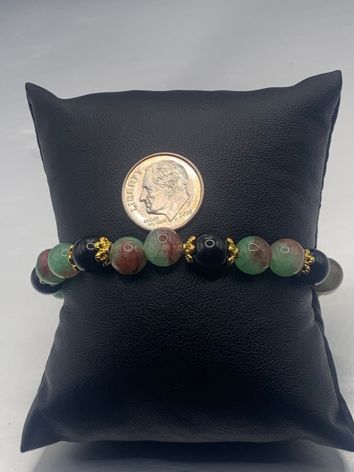 Black obsidian with peacock chalcedony semi precious stone/crystal beaded elastic bracelet with gold plated flower bead caps