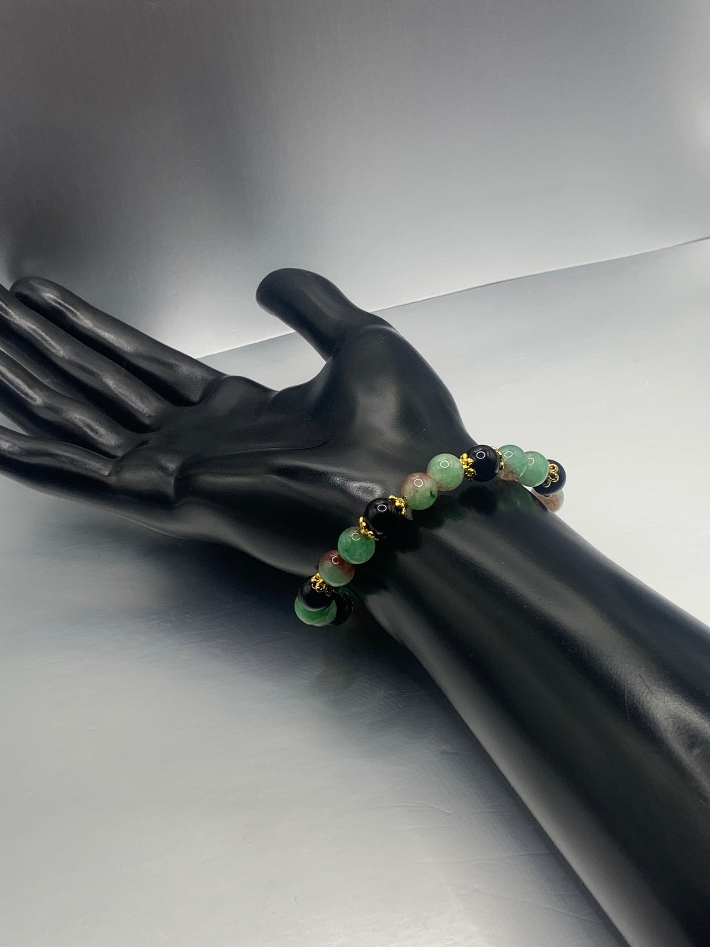 Black obsidian with peacock chalcedony semi precious stone/crystal beaded elastic bracelet with gold plated flower bead caps