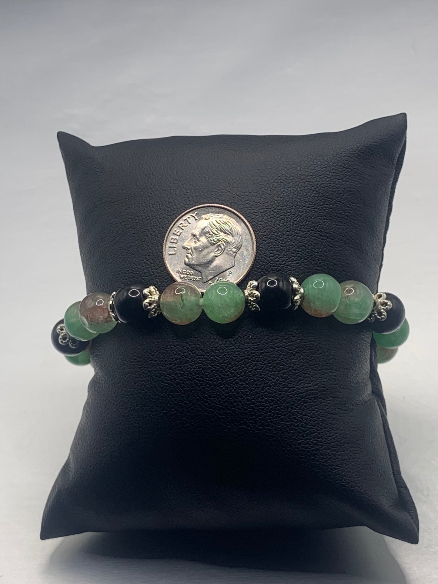Black obsidian with peacock chalcedony semi precious stone/crystal beaded elastic bracelet with silver plated flower bead caps