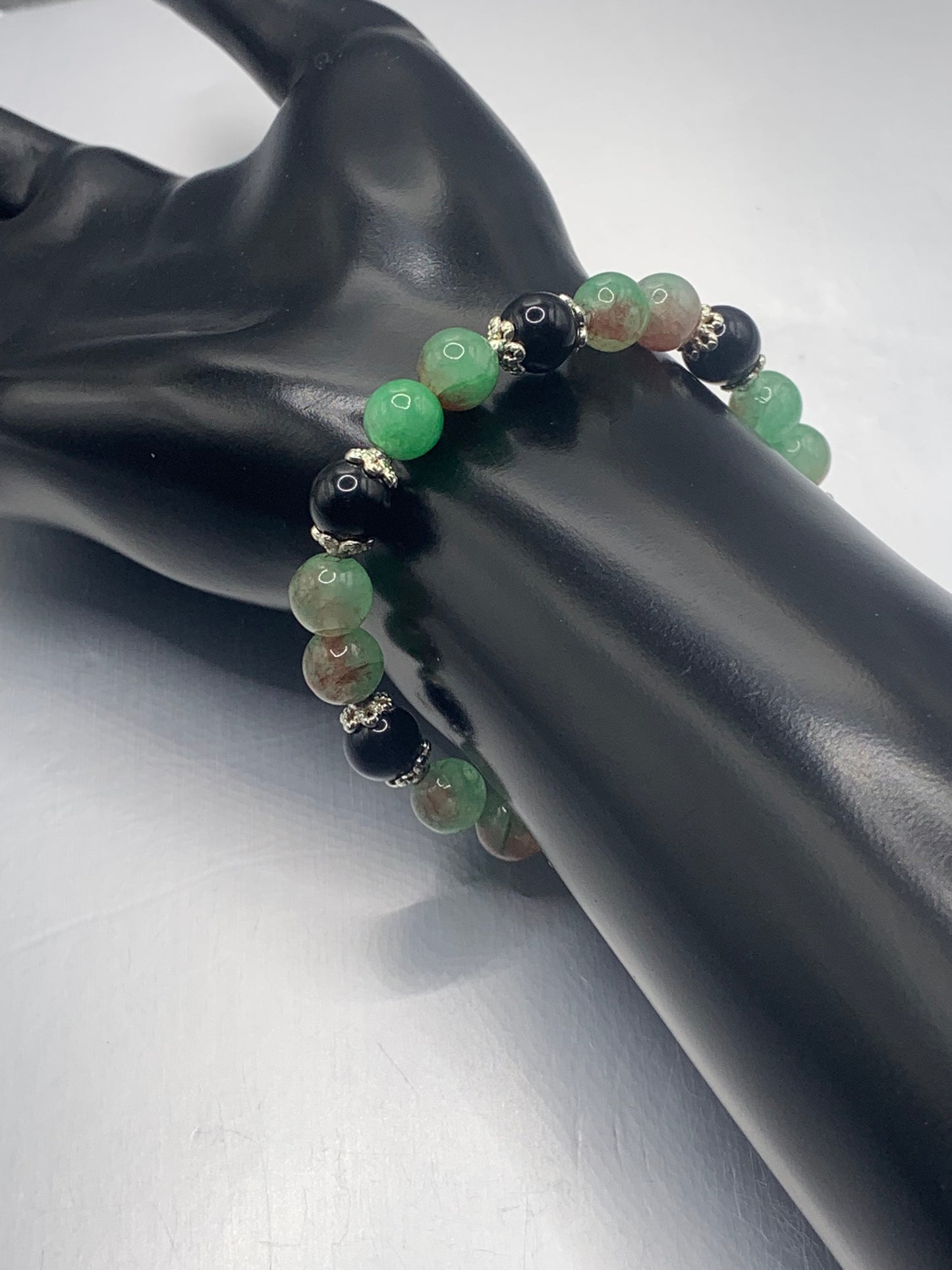 Black obsidian with peacock chalcedony semi precious stone/crystal beaded elastic bracelet with silver plated flower bead caps