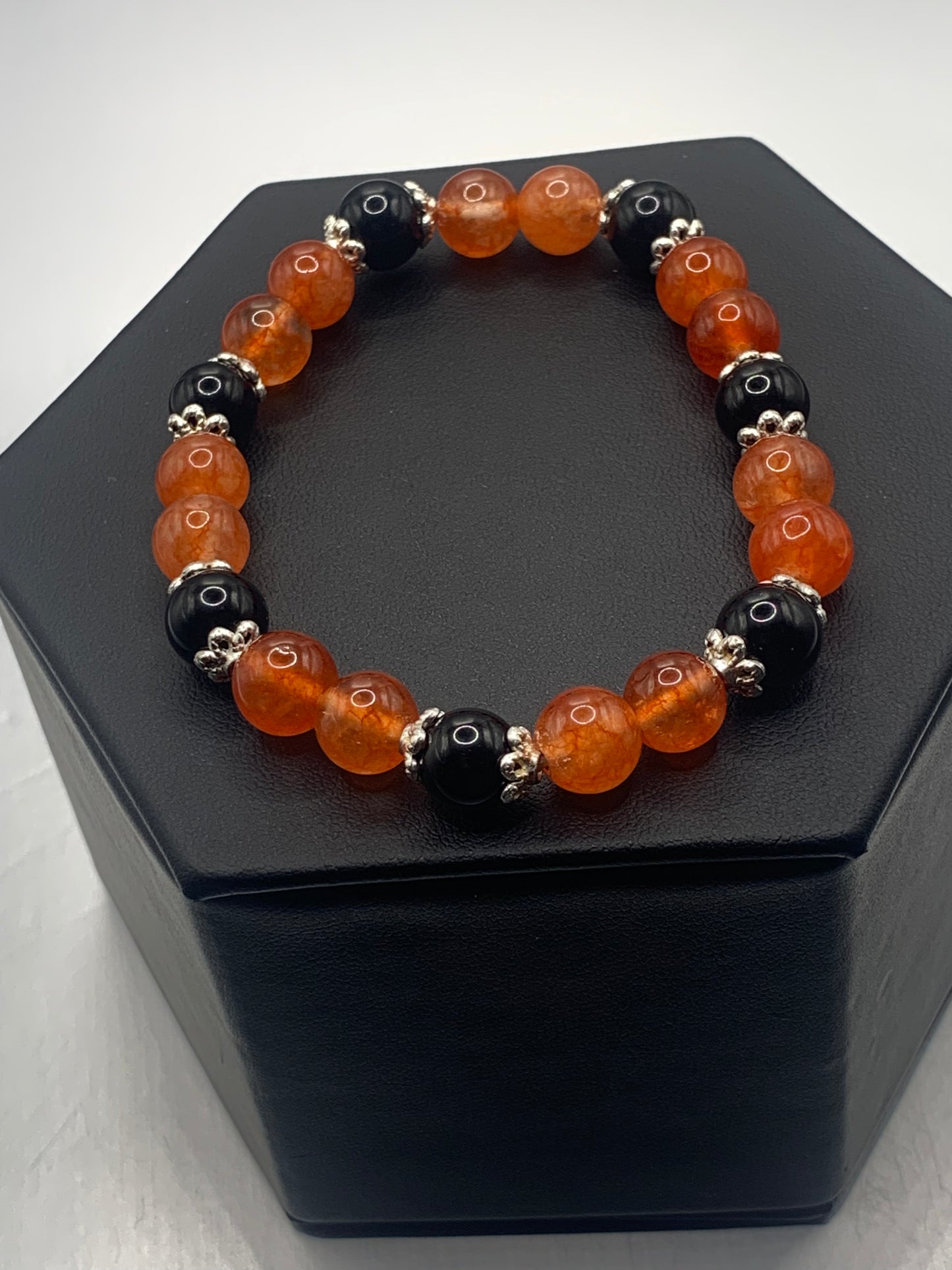 Black obsidian with phoenix agate semi precious stone/crystal beaded elastic bracelet with silver plated flower bead caps