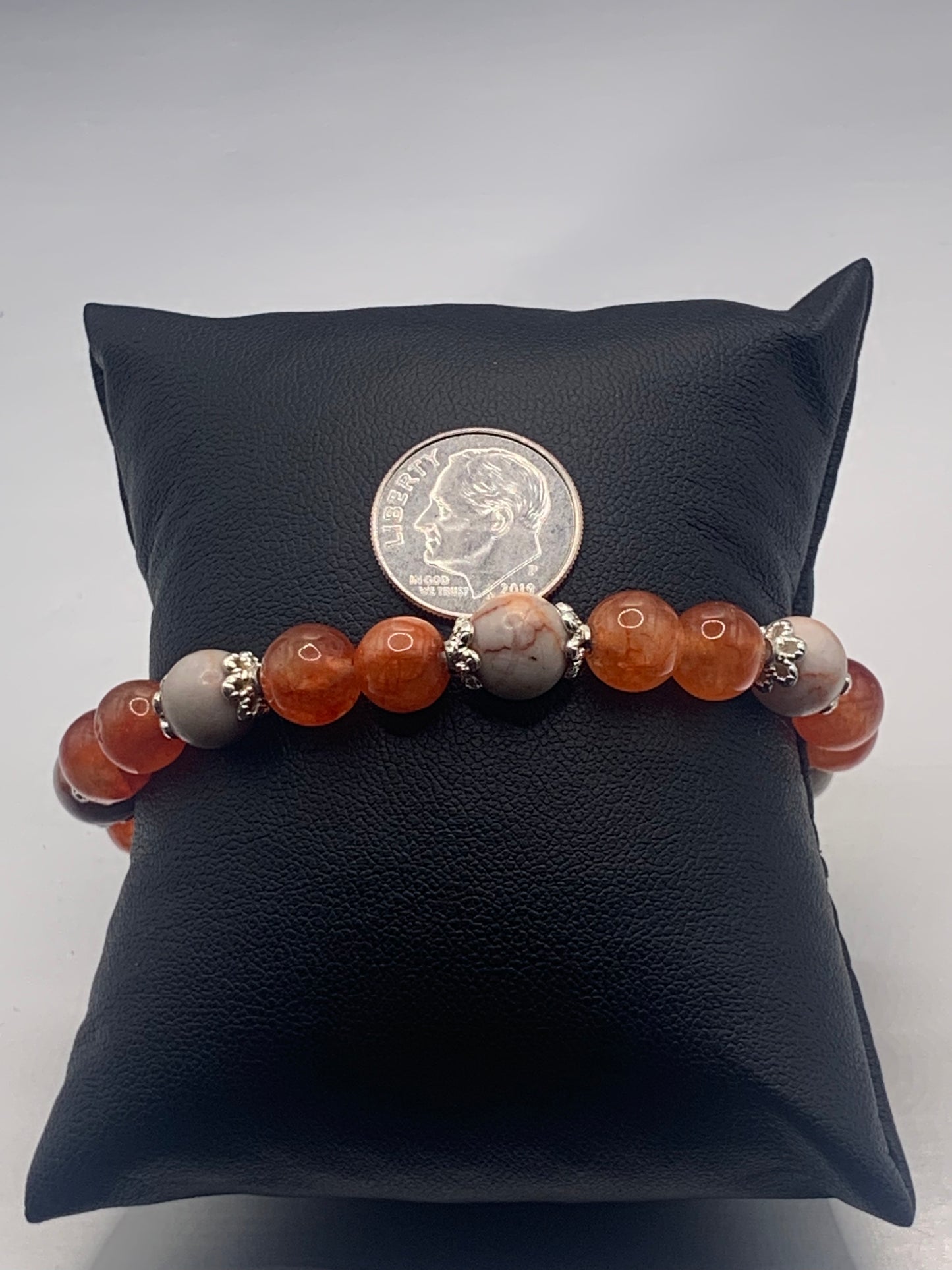 Red vein jasper and phoenix agate semi precious stone/crystal elastic beaded bracelet with silver plated flower bead caps