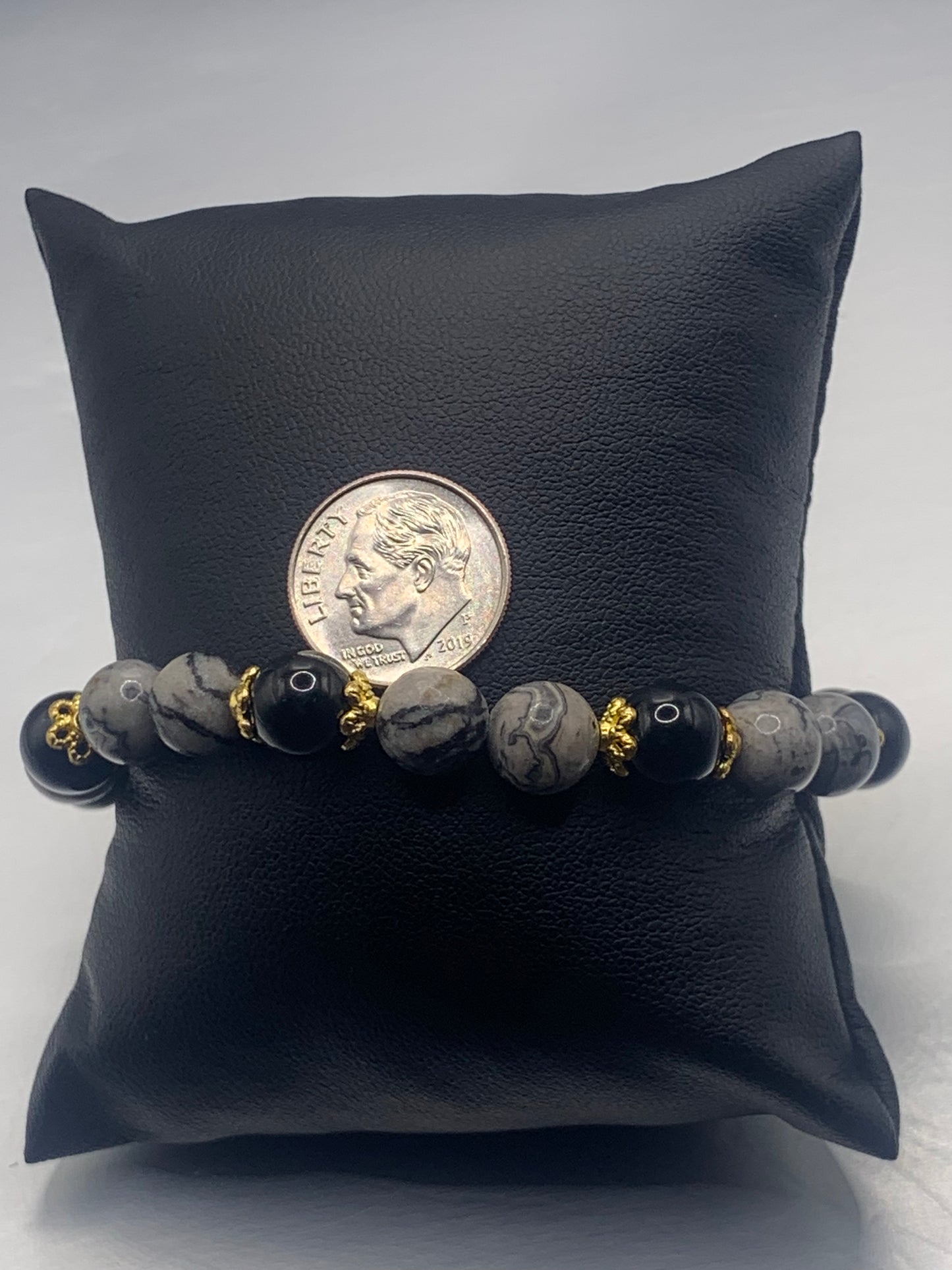 Black obsidian with picasso jasper semi precious stone/crystal beaded elastic bracelet with gold plated flower bead caps