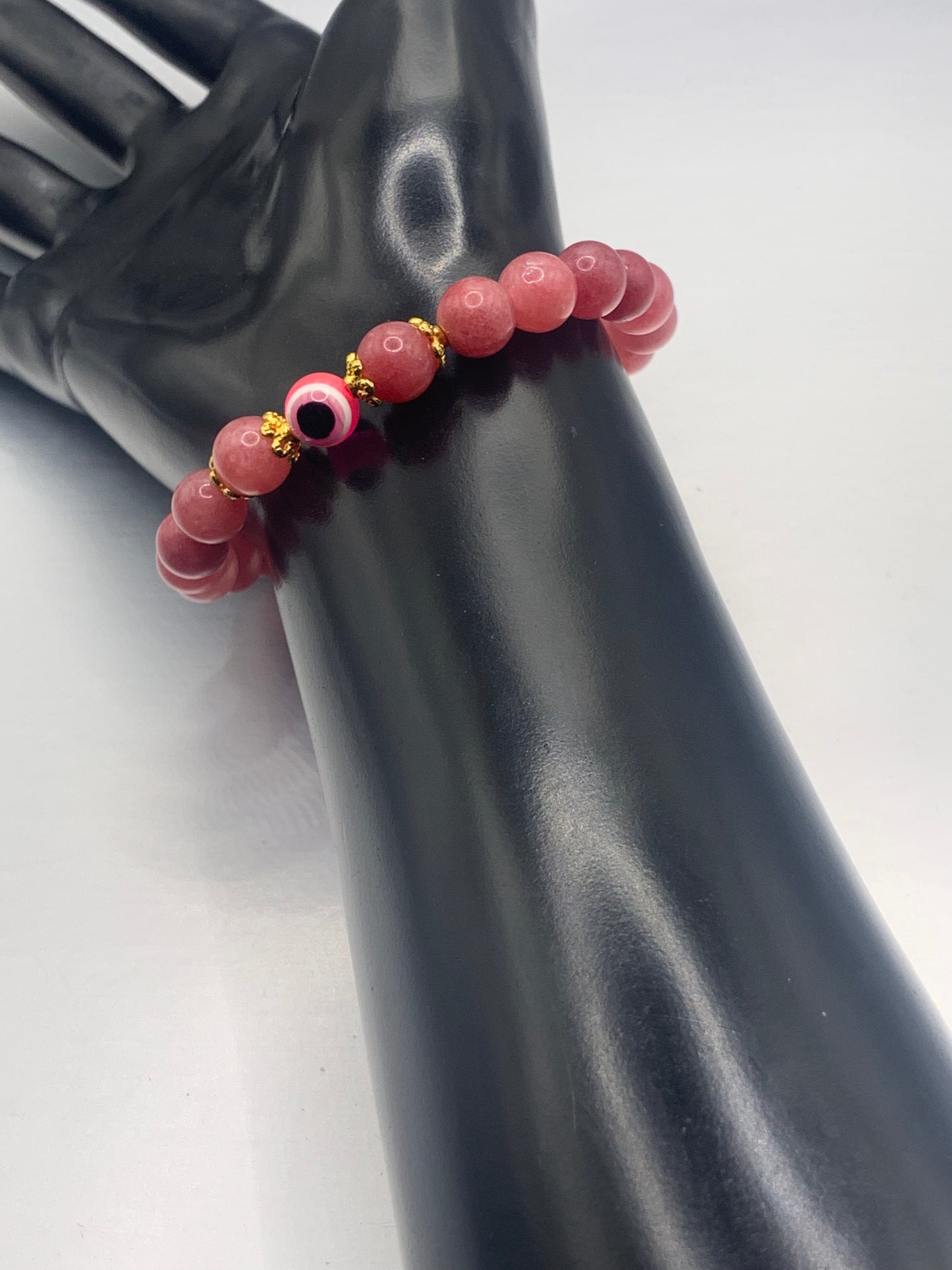 Pink chalcedony semi precious stone/crystal with resin evil eye beaded elastic bracelet