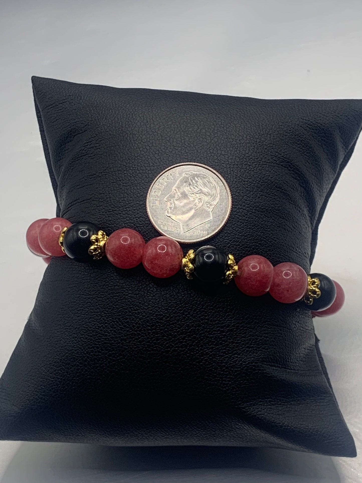 Black obsidian with pink chalcedony semi precious stone/crystal beaded elastic bracelet with gold plated flower bead caps