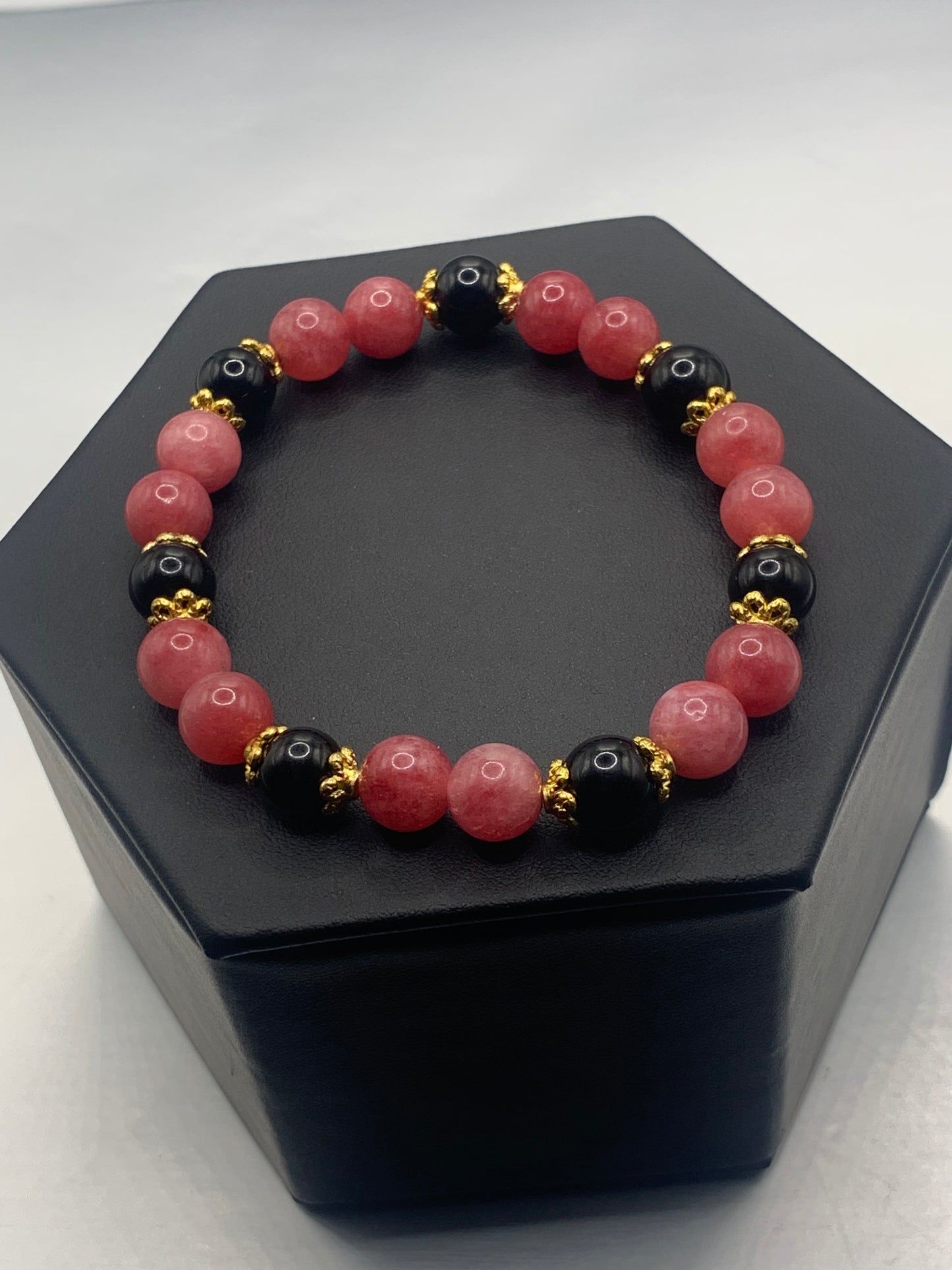 Black obsidian with pink chalcedony semi precious stone/crystal beaded elastic bracelet with gold plated flower bead caps