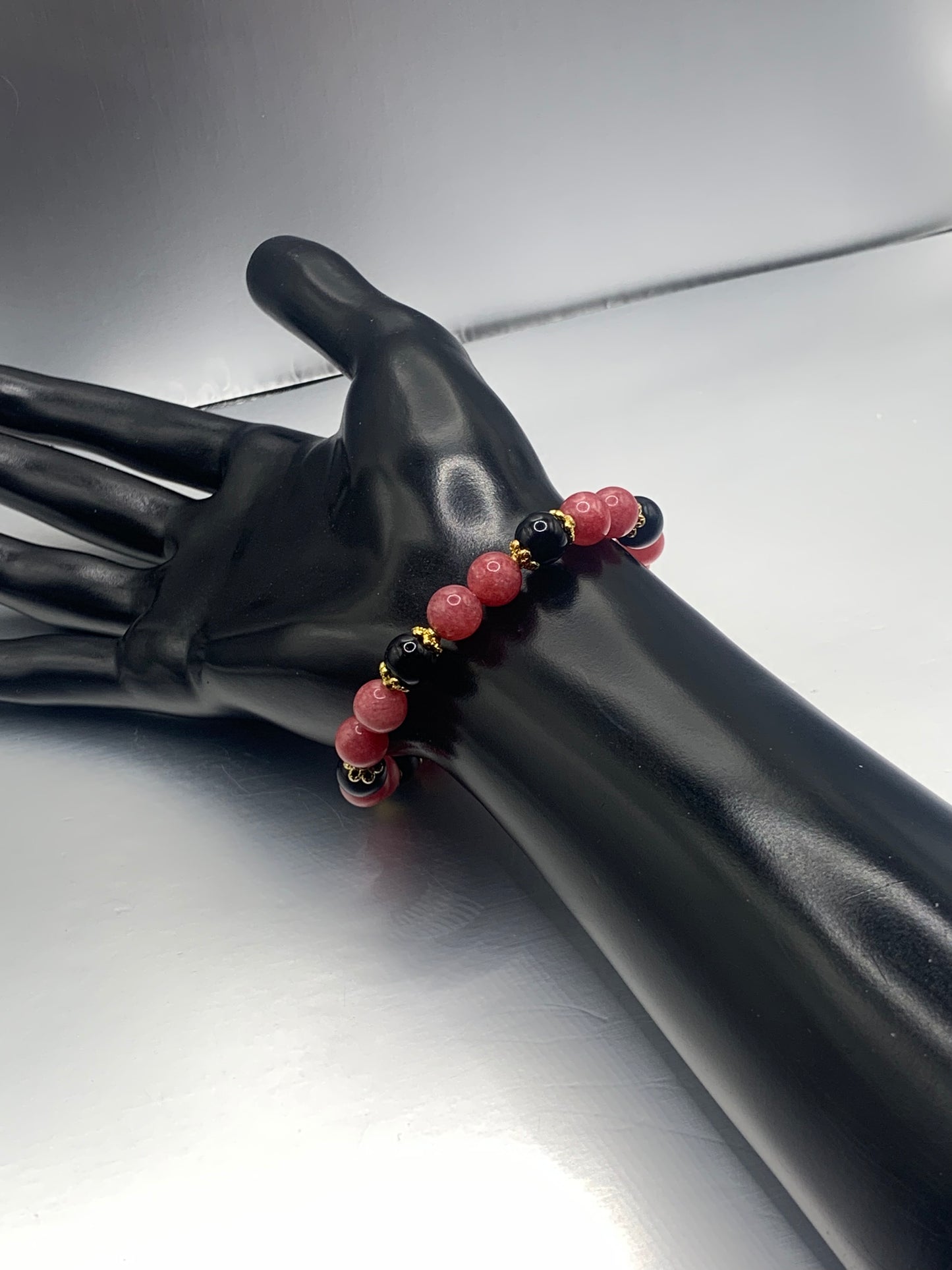 Black obsidian with pink chalcedony semi precious stone/crystal beaded elastic bracelet with gold plated flower bead caps