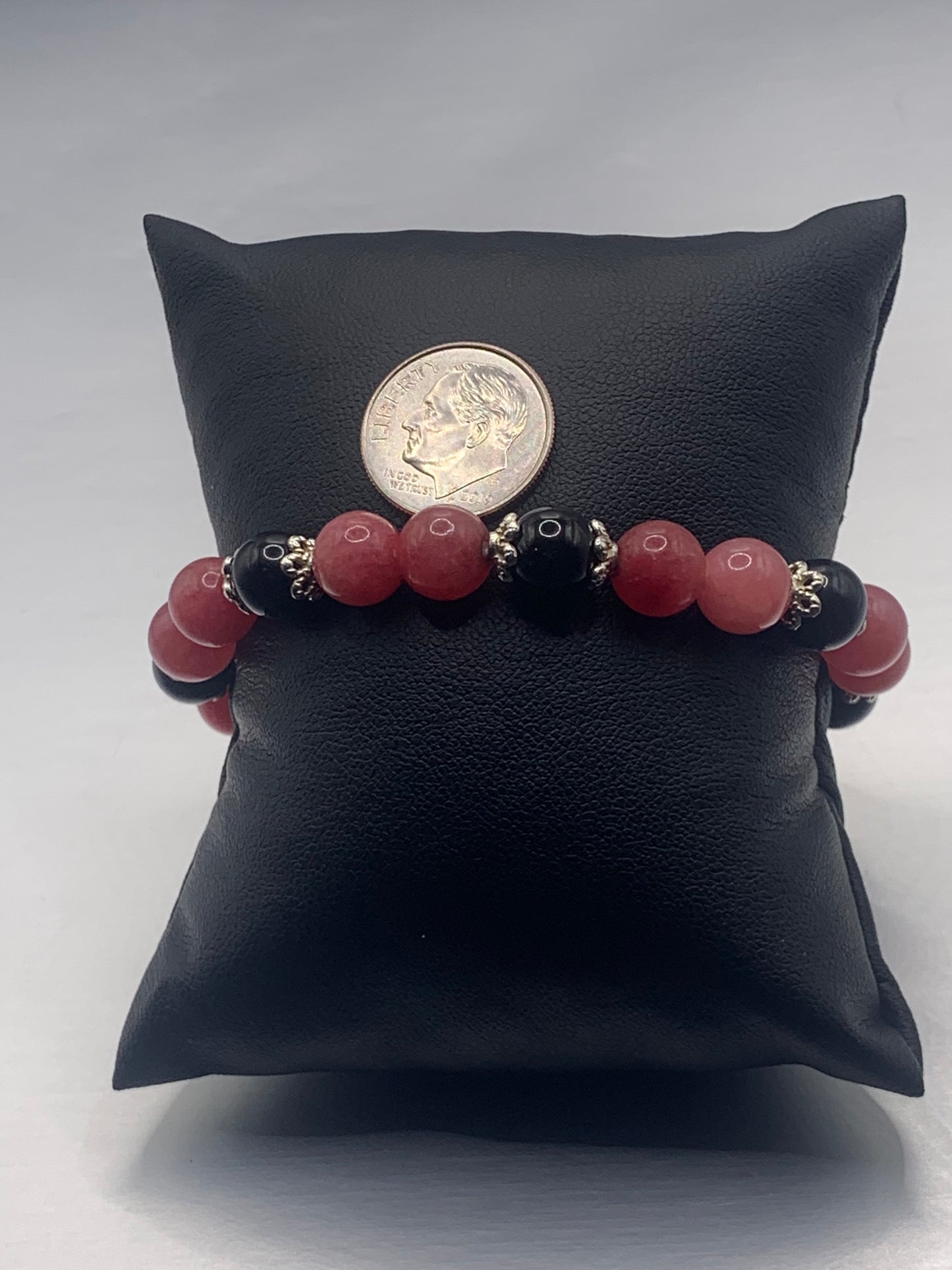 Black obsidian with pink chalcedony semi precious stone/crystal beaded elastic bracelet with silver plated flower bead caps