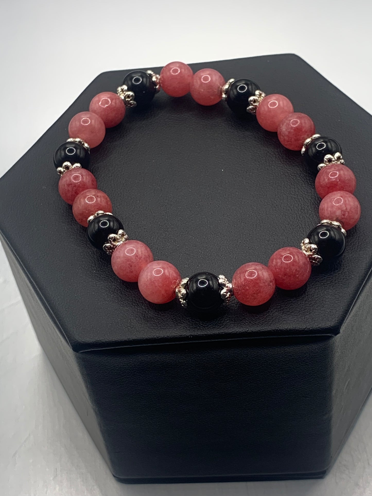 Black obsidian with pink chalcedony semi precious stone/crystal beaded elastic bracelet with silver plated flower bead caps