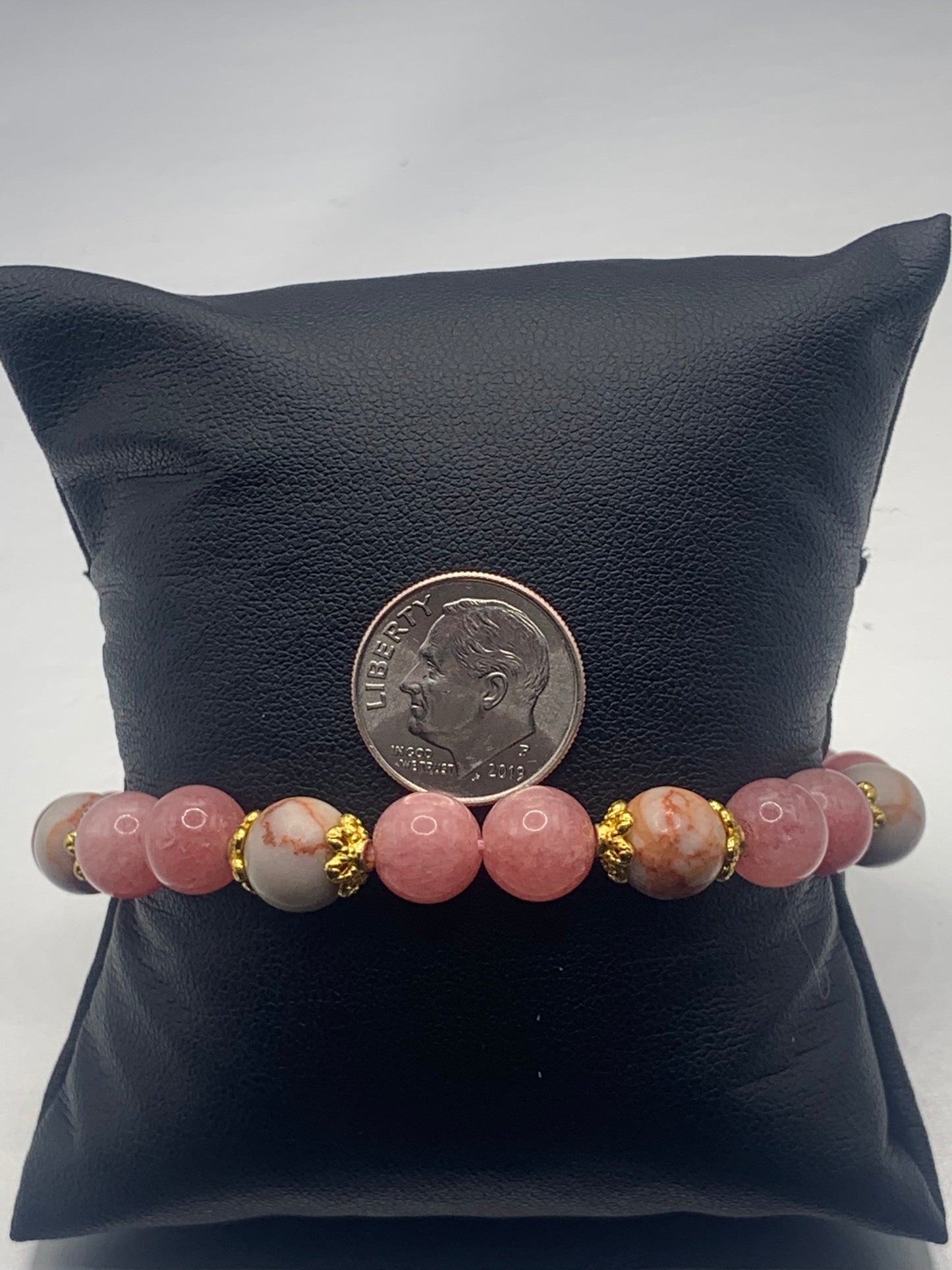 Red vein jasper and pink chalcedony semi precious stone/crystal elastic beaded bracelet with gold plated flower bead caps