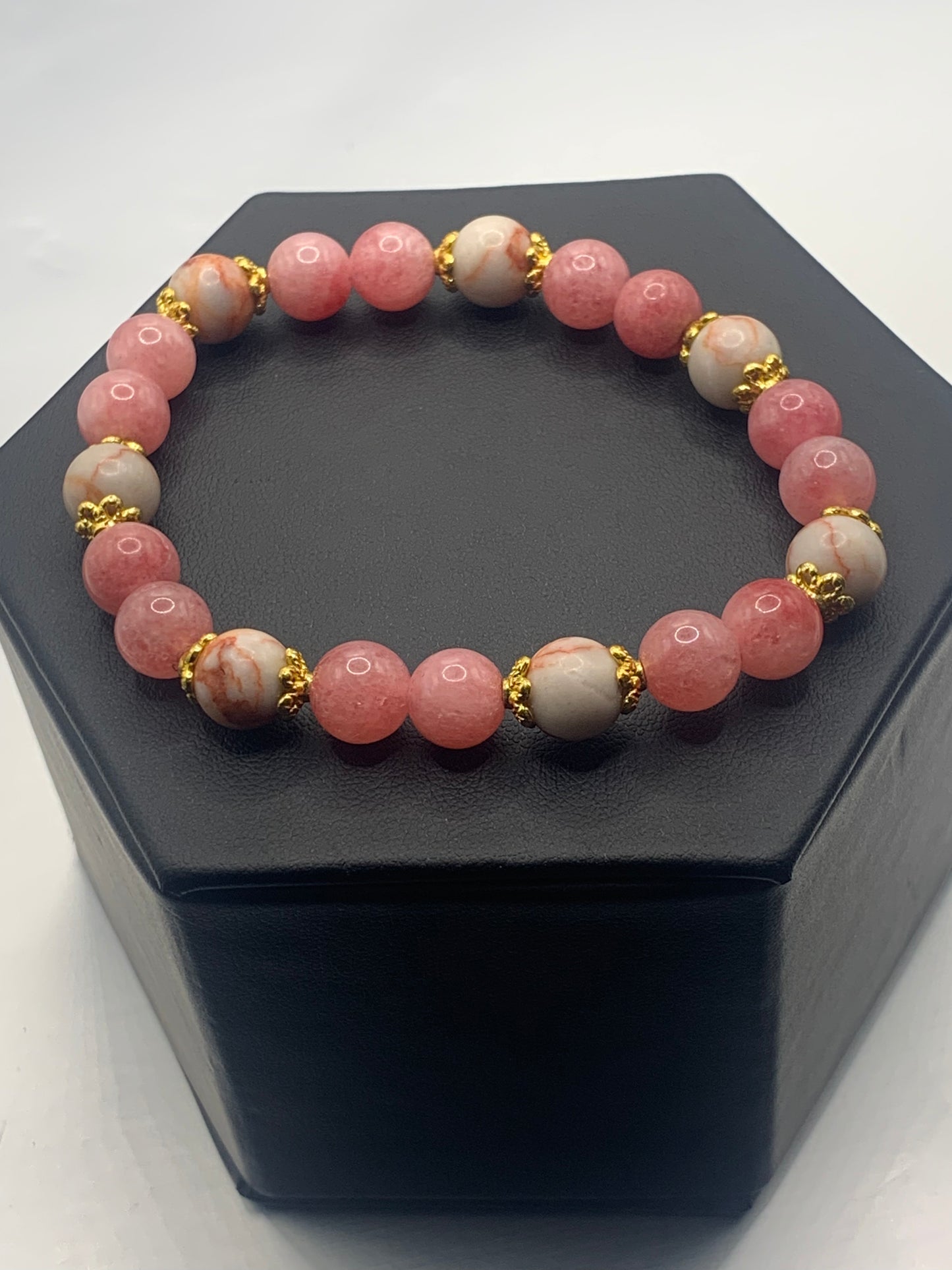 Red vein jasper and pink chalcedony semi precious stone/crystal elastic beaded bracelet with gold plated flower bead caps