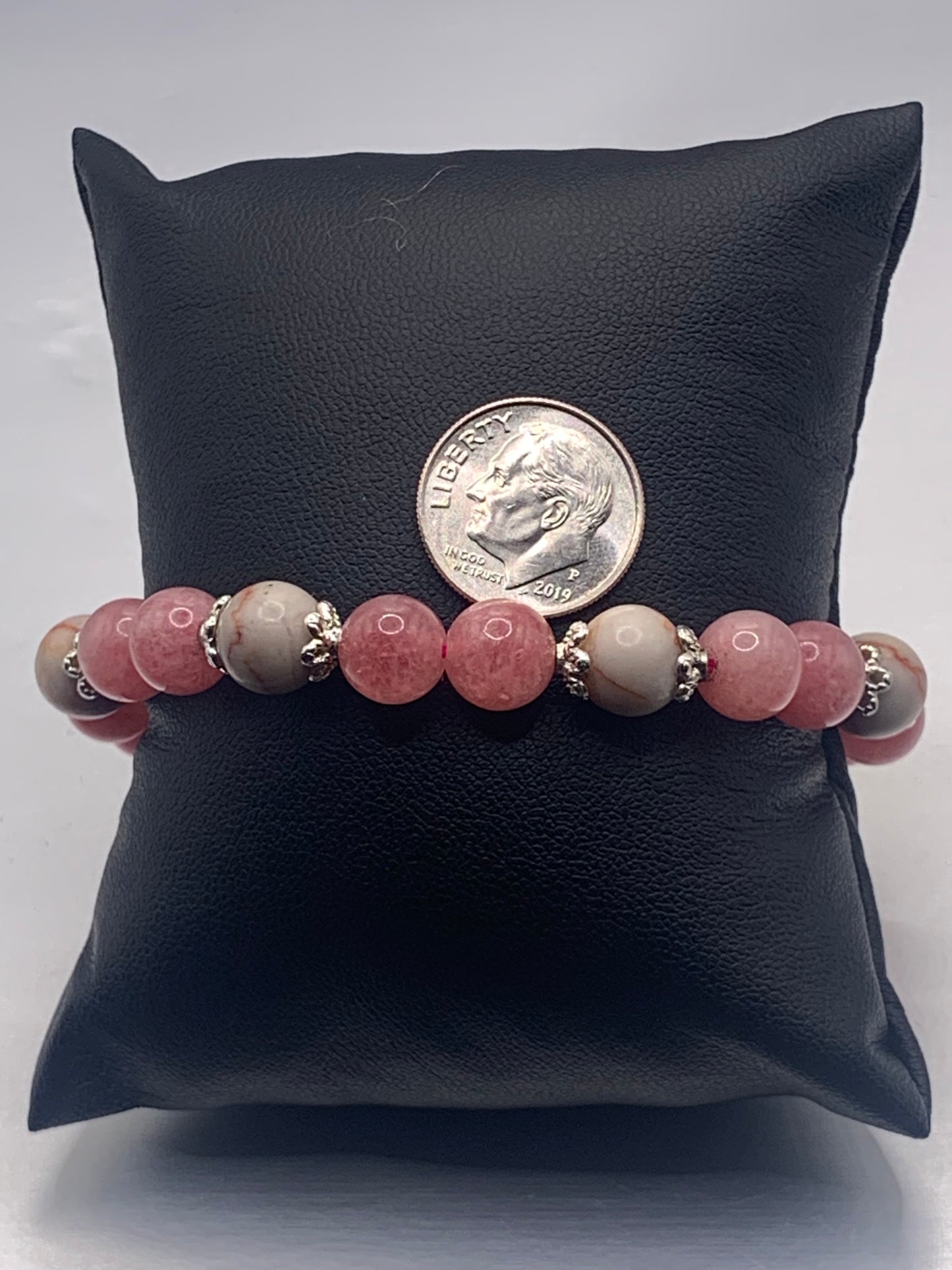 Red vein jasper and pink chalcedony semi precious stone/crystal elastic beaded bracelet with silver plated flower bead caps