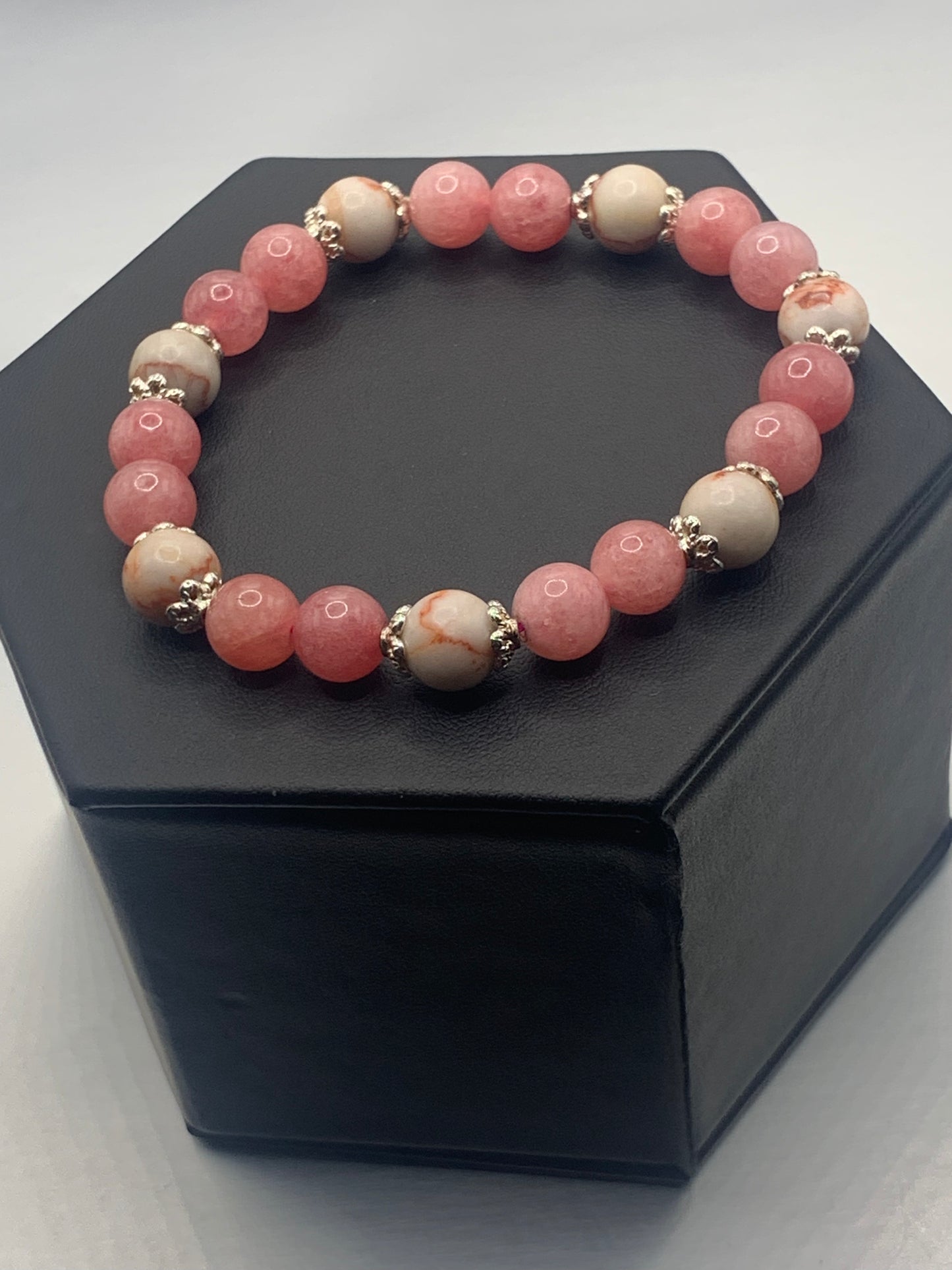 Red vein jasper and pink chalcedony semi precious stone/crystal elastic beaded bracelet with silver plated flower bead caps