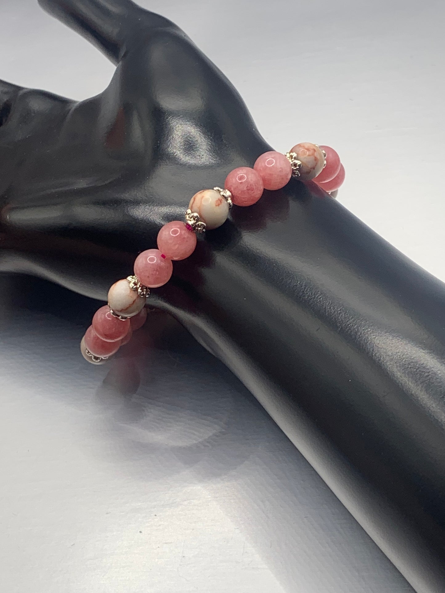 Red vein jasper and pink chalcedony semi precious stone/crystal elastic beaded bracelet with silver plated flower bead caps