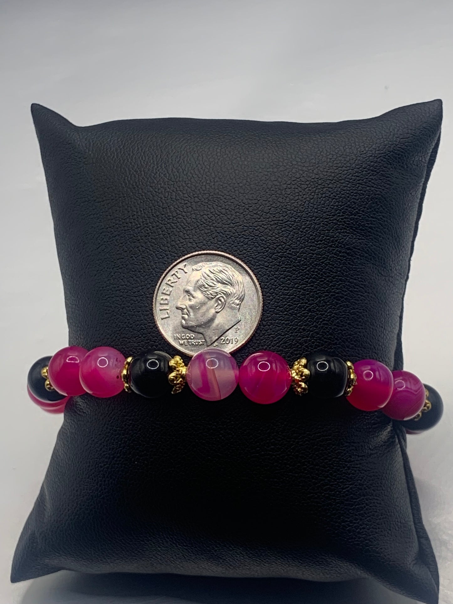 Black obsidian with pink lace agate semi precious stone/crystal beaded elastic bracelet with gold plated flower bead caps