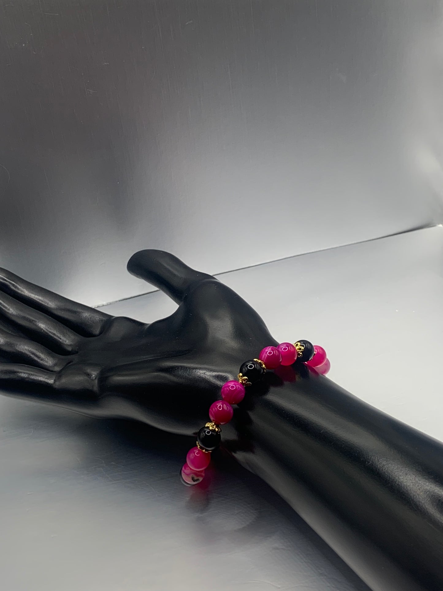 Black obsidian with pink lace agate semi precious stone/crystal beaded elastic bracelet with gold plated flower bead caps