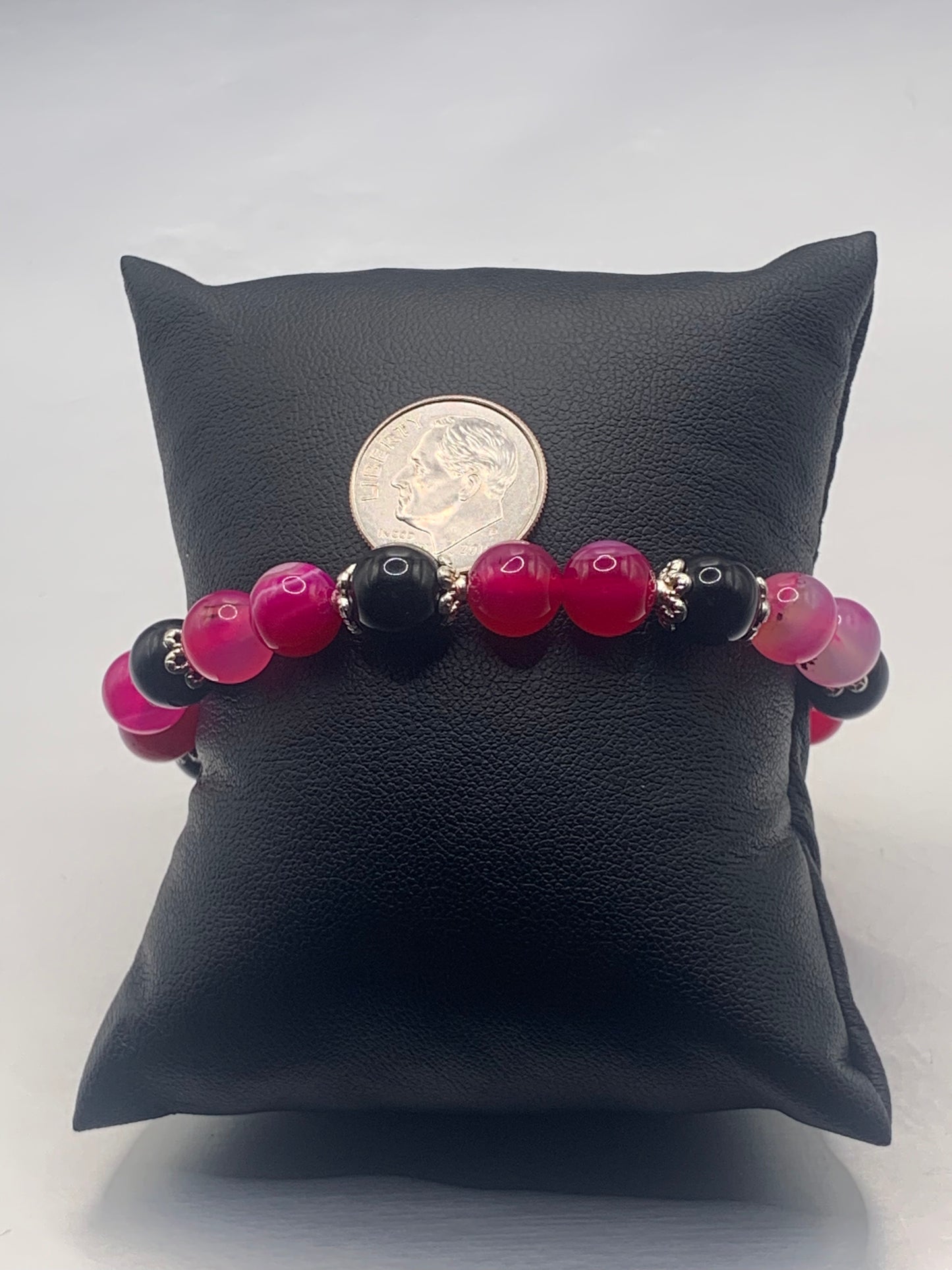 Black obsidian with pink lace agate semi precious stone/crystal beaded elastic bracelet with silver plated flower bead caps