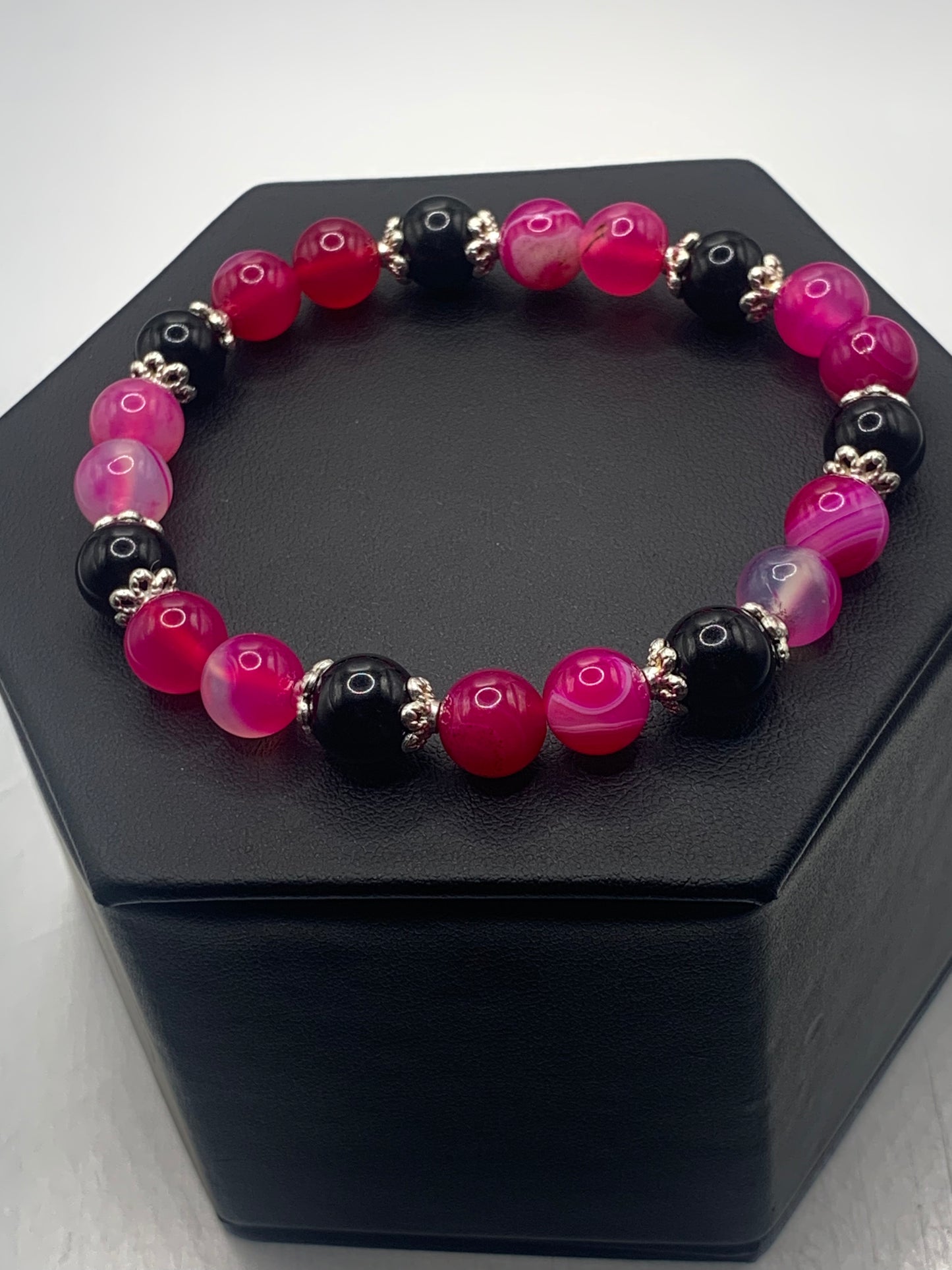 Black obsidian with pink lace agate semi precious stone/crystal beaded elastic bracelet with silver plated flower bead caps