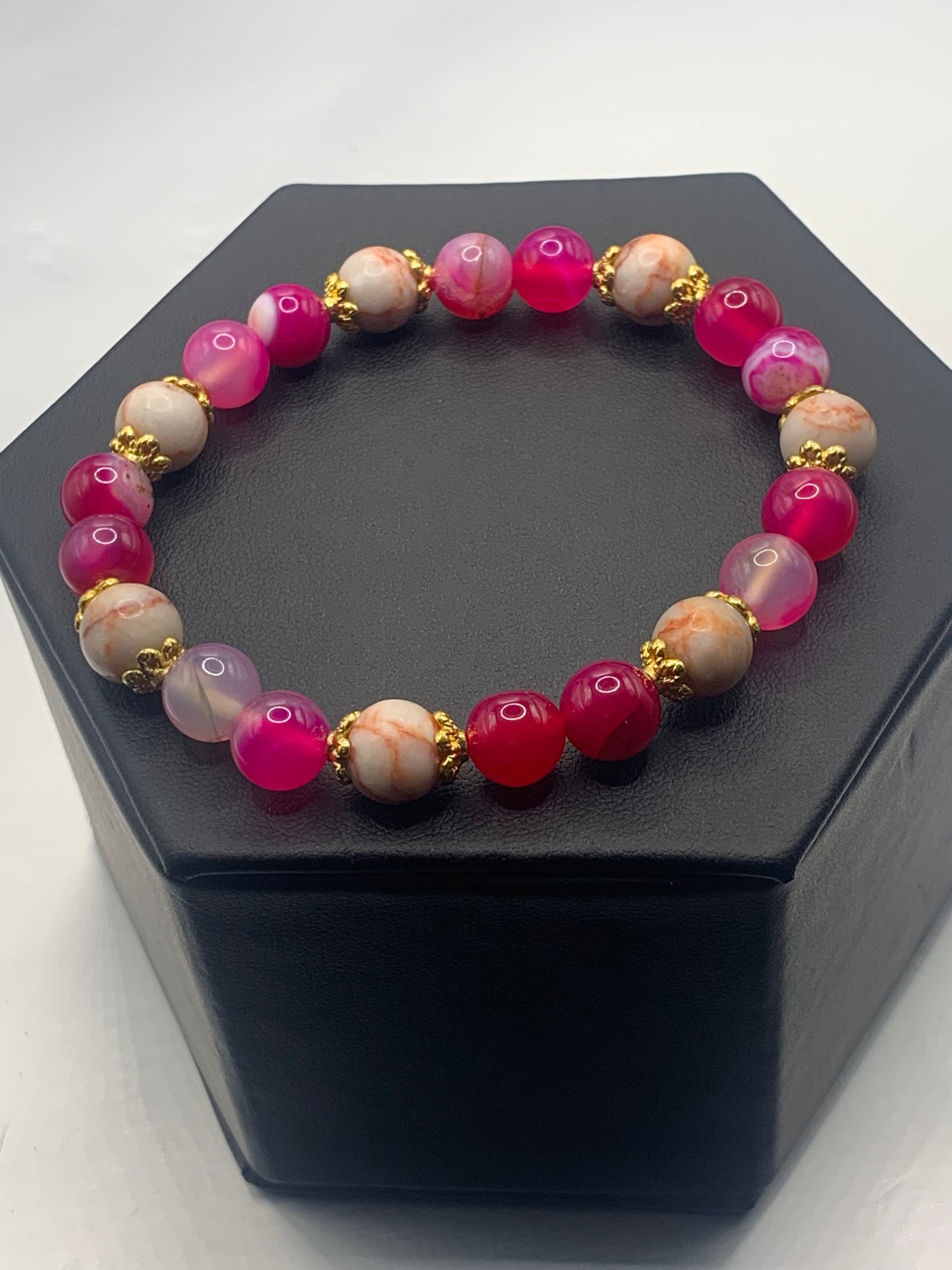 Red vein jasper and pink lace agate semi precious stone/crystal elastic beaded bracelet with gold plated flower bead caps