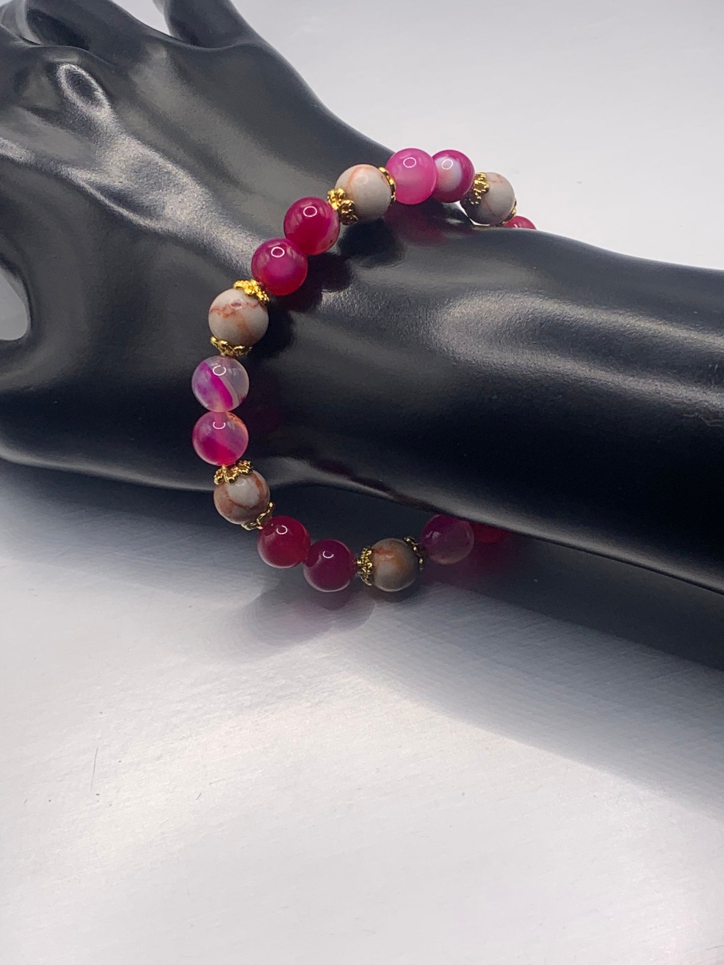 Red vein jasper and pink lace agate semi precious stone/crystal elastic beaded bracelet with gold plated flower bead caps