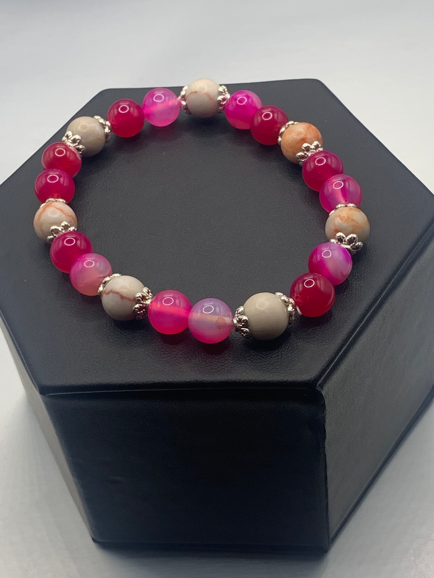 Red vein jasper and pink lace agate semi precious stone/crystal elastic beaded bracelet with silver plated flower bead caps