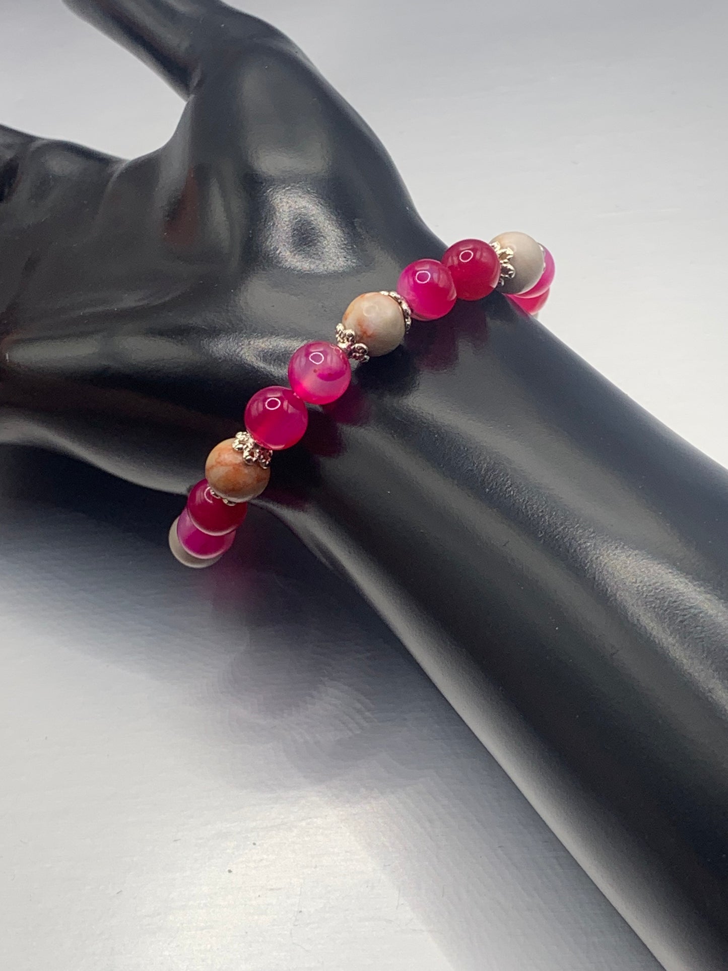 Red vein jasper and pink lace agate semi precious stone/crystal elastic beaded bracelet with silver plated flower bead caps