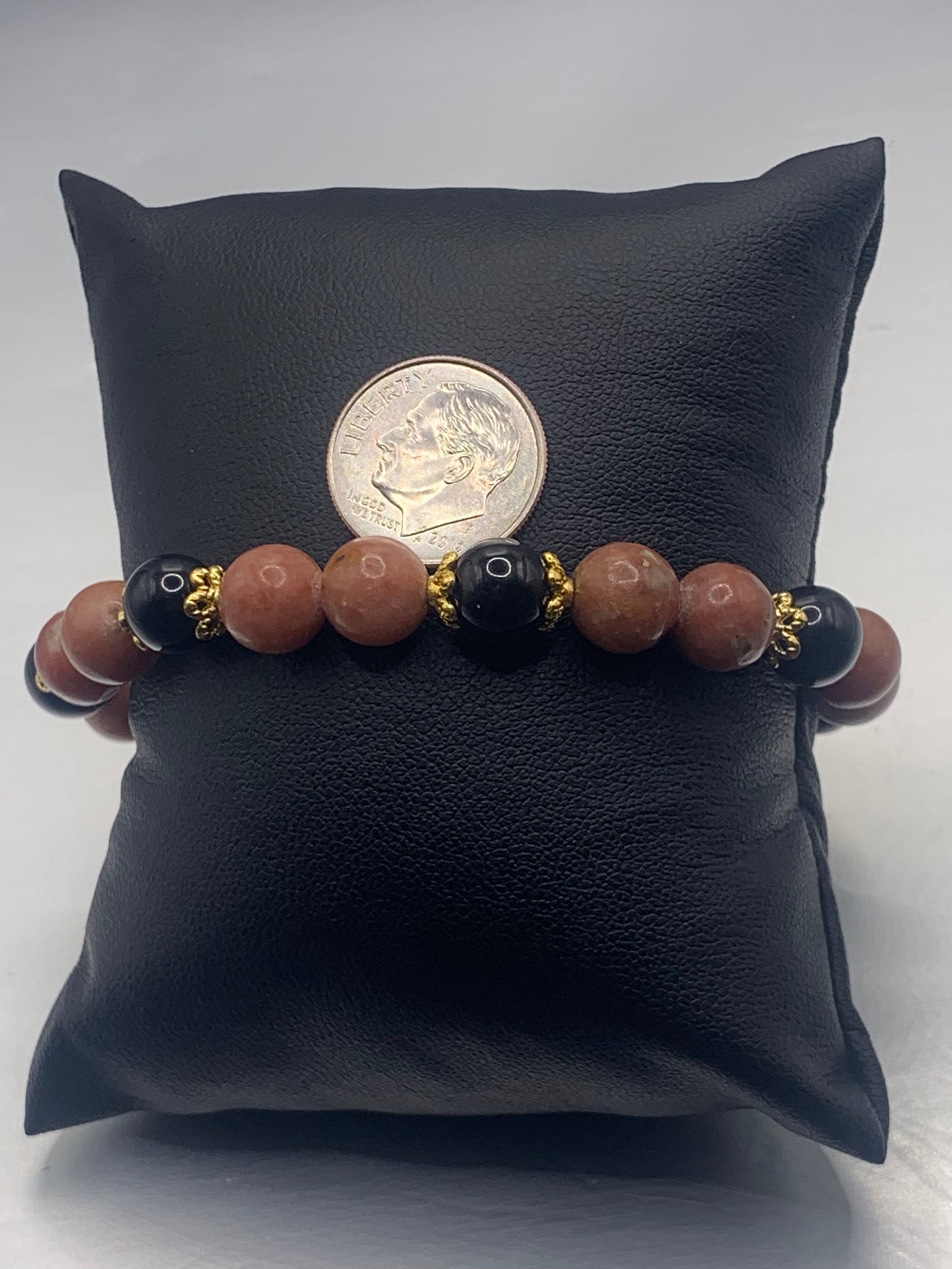 Black obsidian with pink lepidolite semi precious stone/crystal beaded elastic bracelet with gold plated flower bead caps