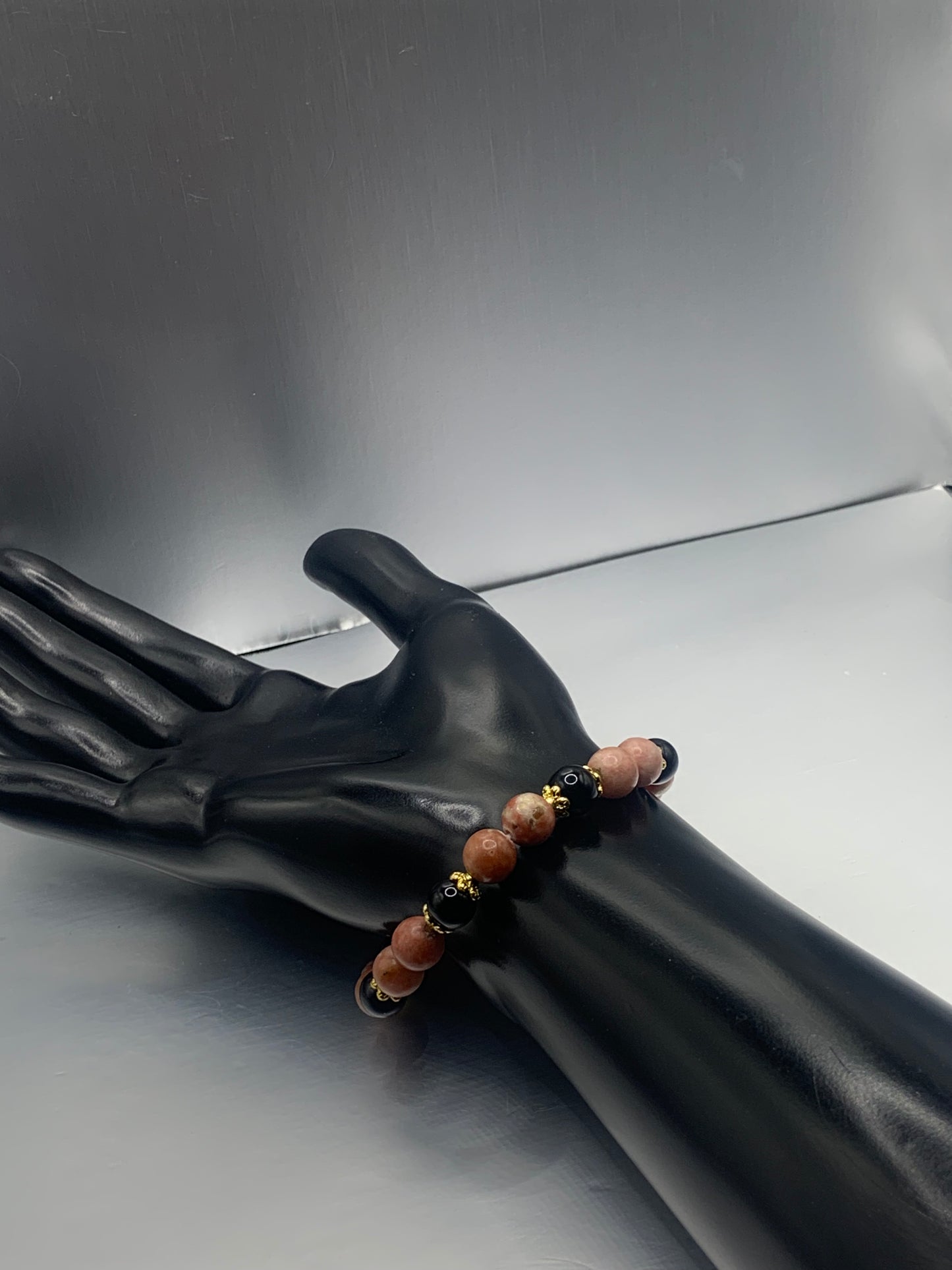Black obsidian with pink lepidolite semi precious stone/crystal beaded elastic bracelet with gold plated flower bead caps