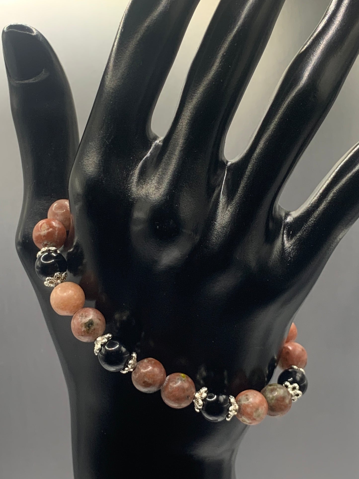 Black obsidian with pink lepidolite semi precious stone/crystal beaded elastic bracelet with silver plated flower bead caps