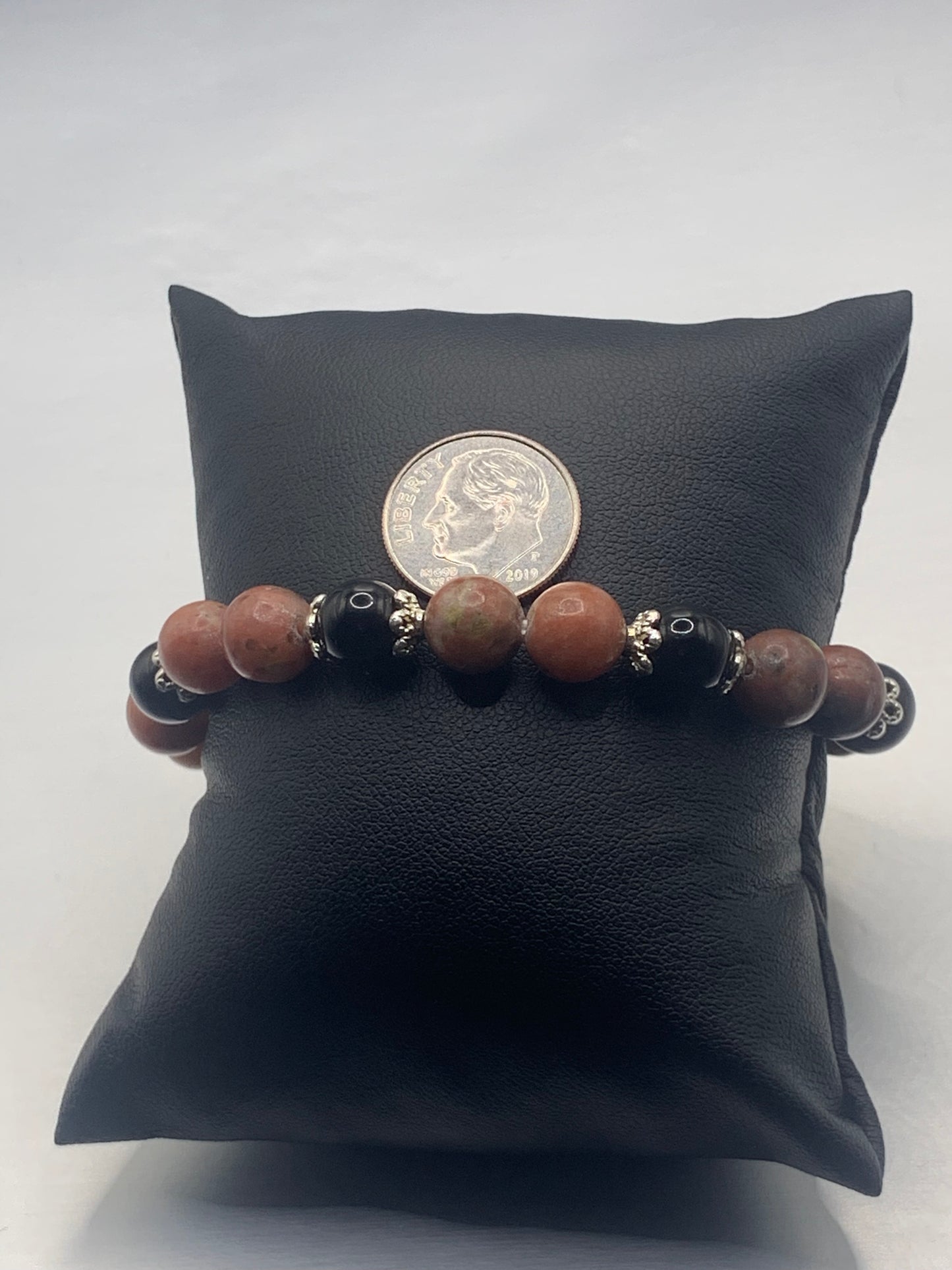 Black obsidian with pink lepidolite semi precious stone/crystal beaded elastic bracelet with silver plated flower bead caps