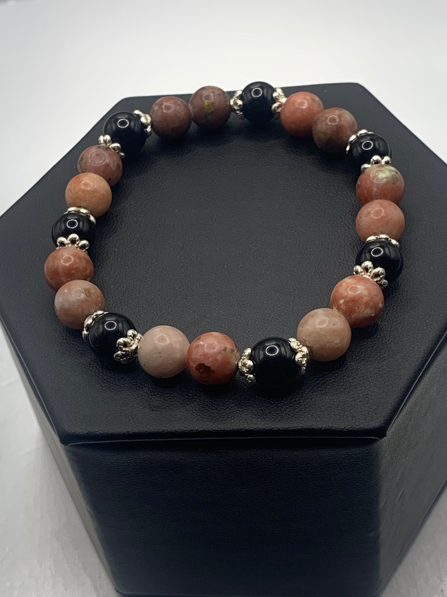 Black obsidian with pink lepidolite semi precious stone/crystal beaded elastic bracelet with silver plated flower bead caps