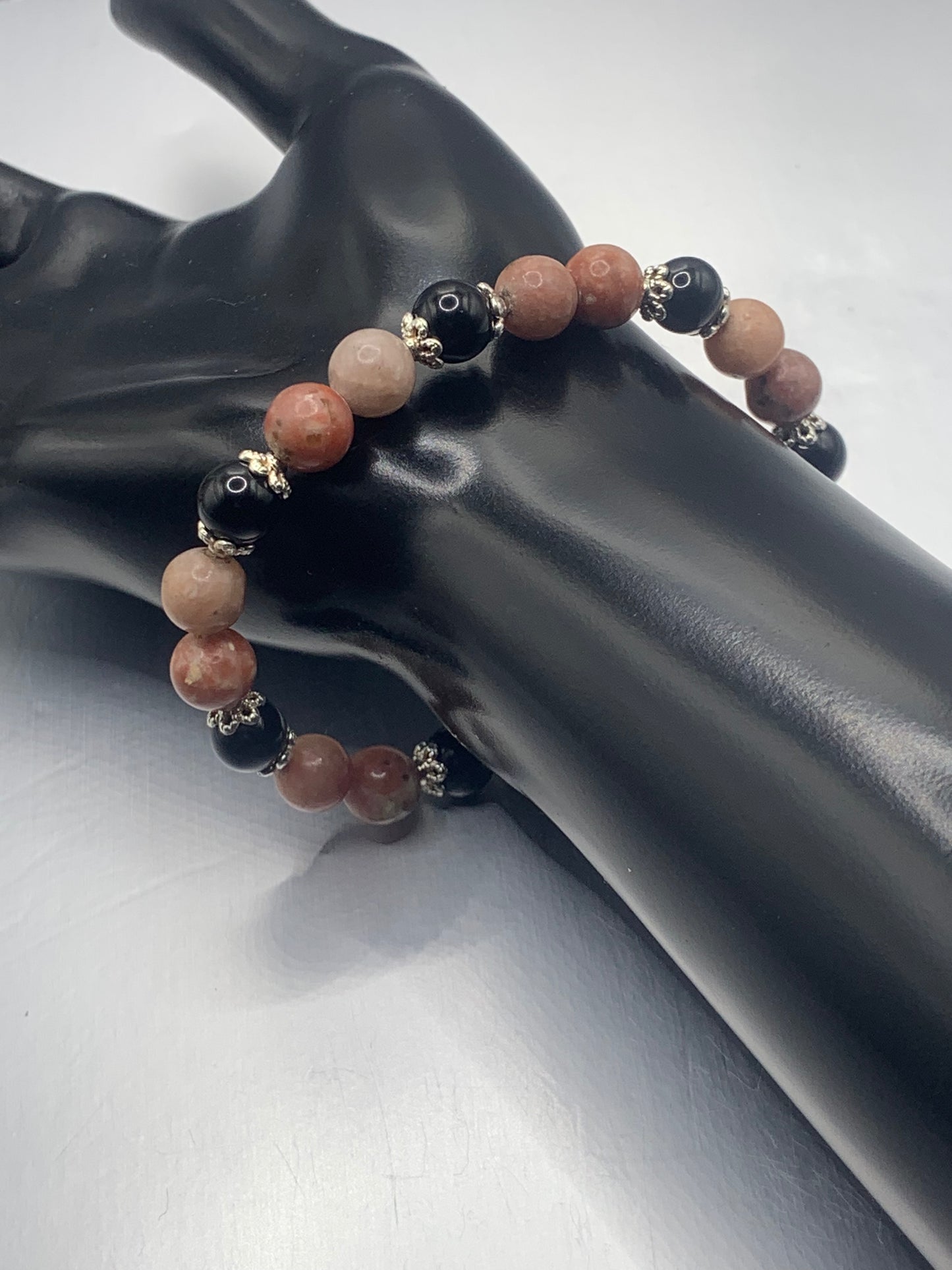 Black obsidian with pink lepidolite semi precious stone/crystal beaded elastic bracelet with silver plated flower bead caps