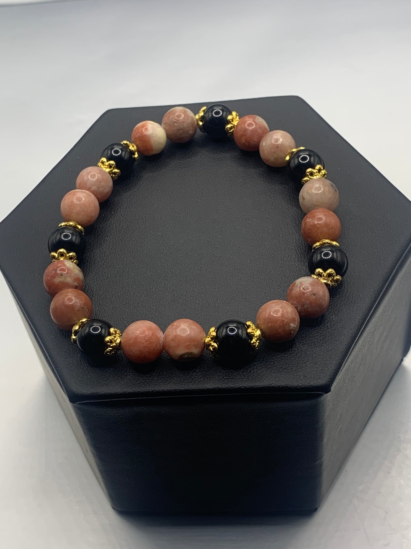 Black obsidian with pink lepidolite semi precious stone/crystal beaded elastic bracelet with gold plated flower bead caps