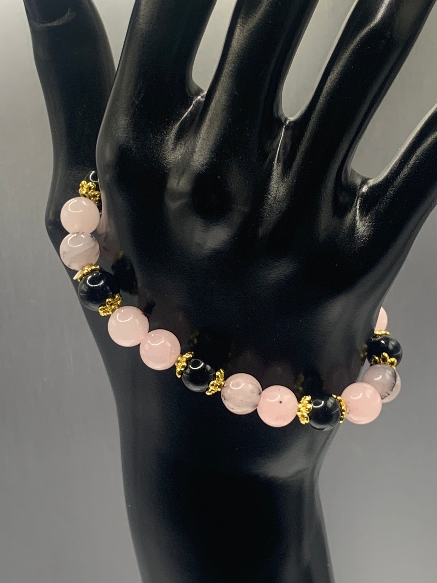 Black obsidian with pink opal chalcedony semi precious stone/crystal beaded elastic bracelet with gold plated flower bead caps