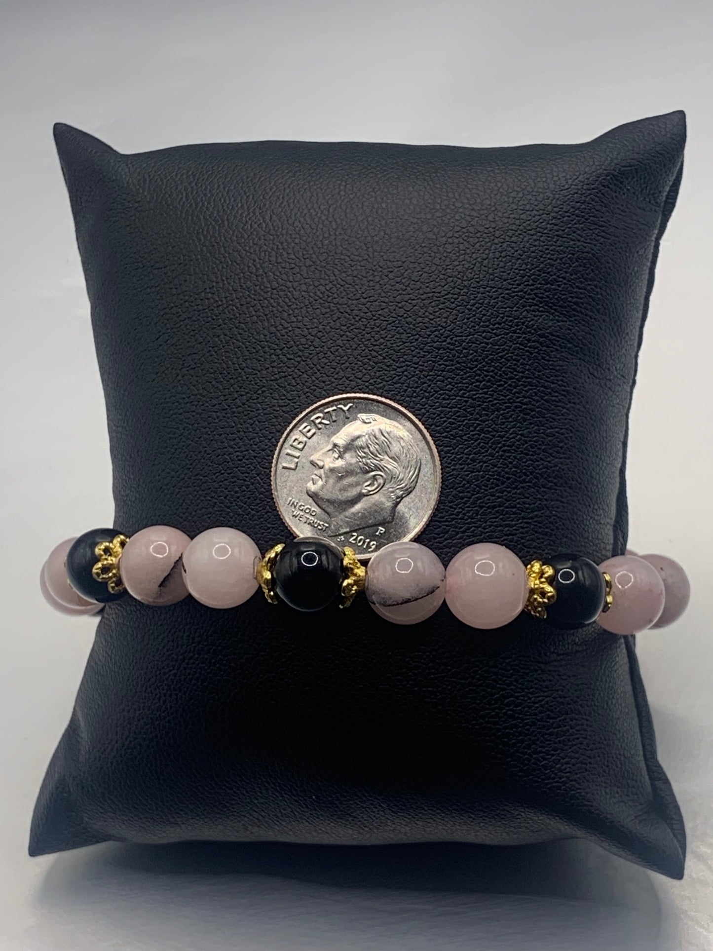 Black obsidian with pink opal chalcedony semi precious stone/crystal beaded elastic bracelet with gold plated flower bead caps