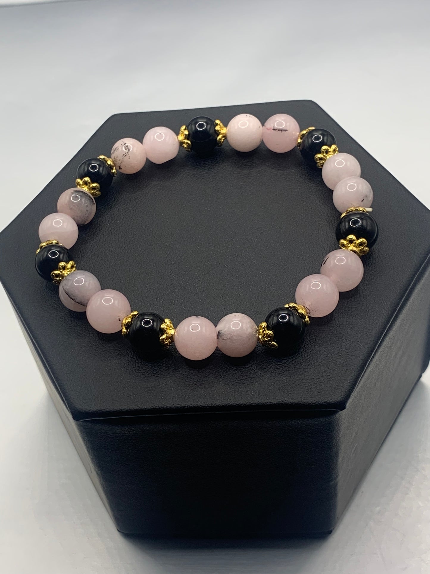 Black obsidian with pink opal chalcedony semi precious stone/crystal beaded elastic bracelet with gold plated flower bead caps