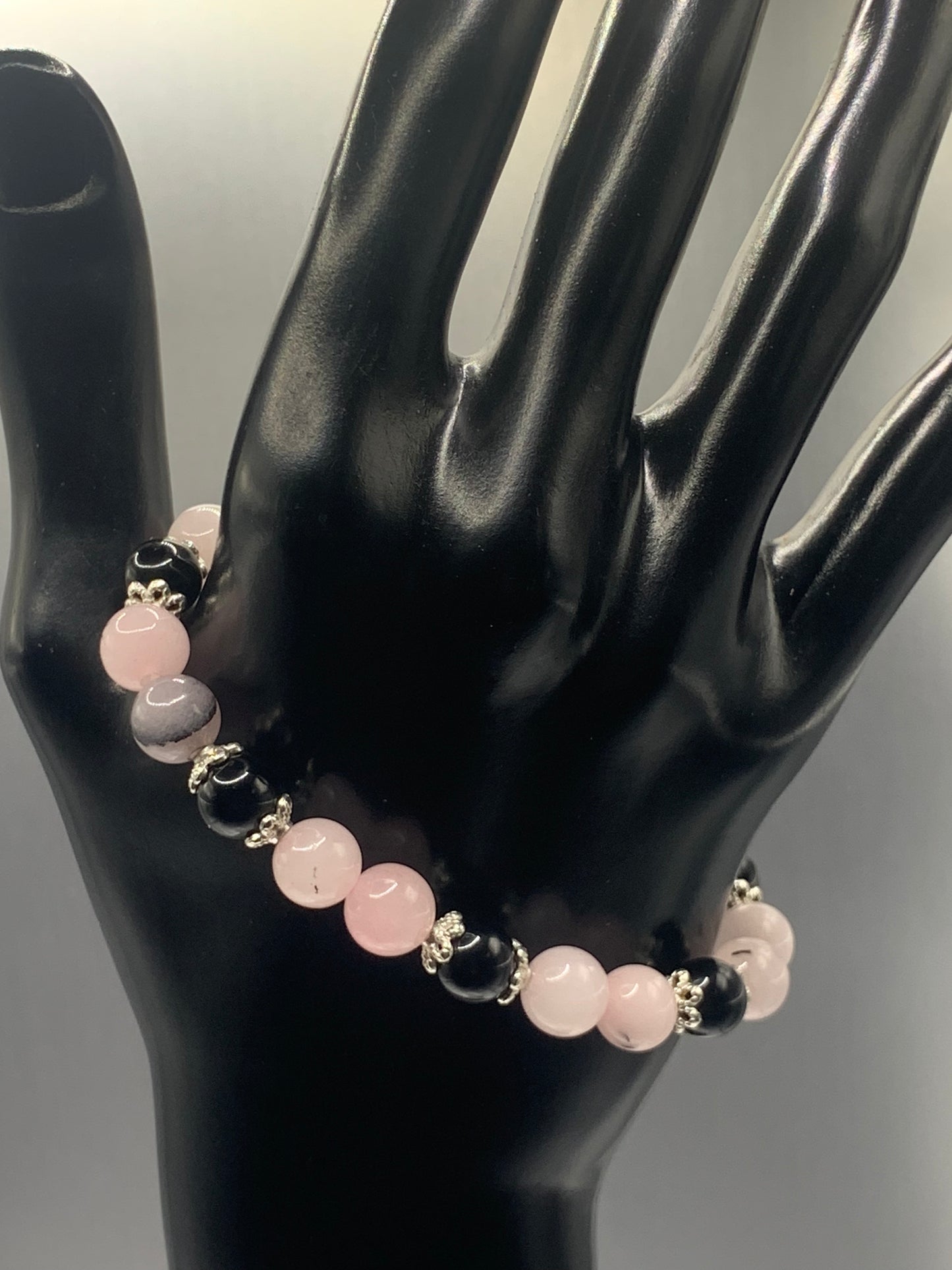 Black obsidian with pink opal chalcedony semi precious stone/crystal beaded elastic bracelet with silver plated flower bead caps
