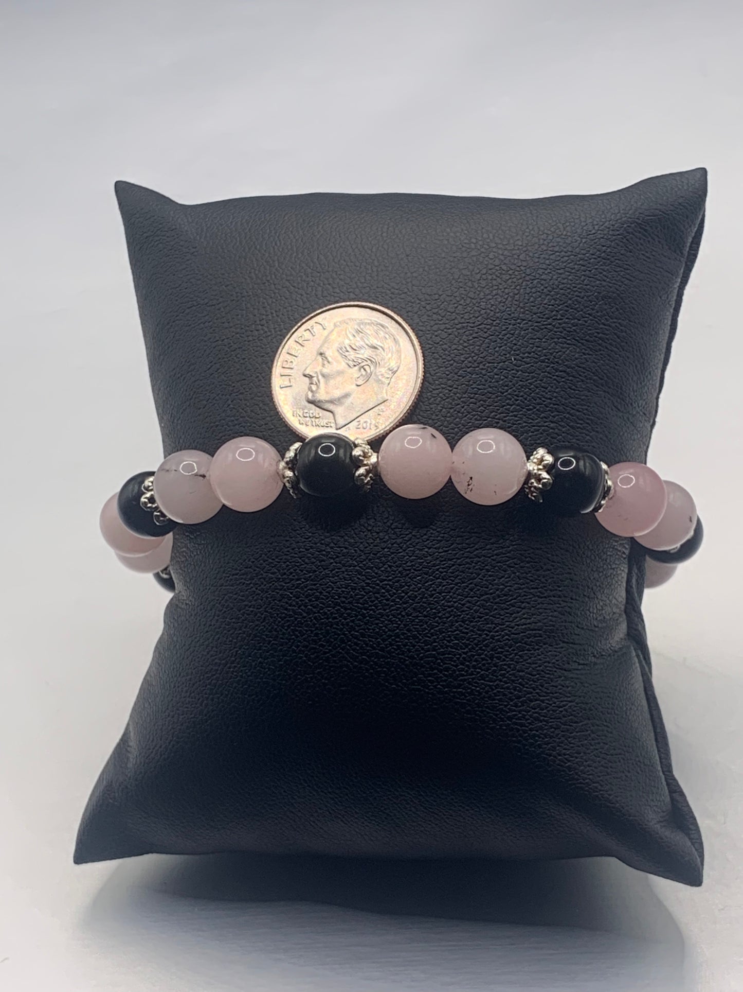 Black obsidian with pink opal chalcedony semi precious stone/crystal beaded elastic bracelet with silver plated flower bead caps