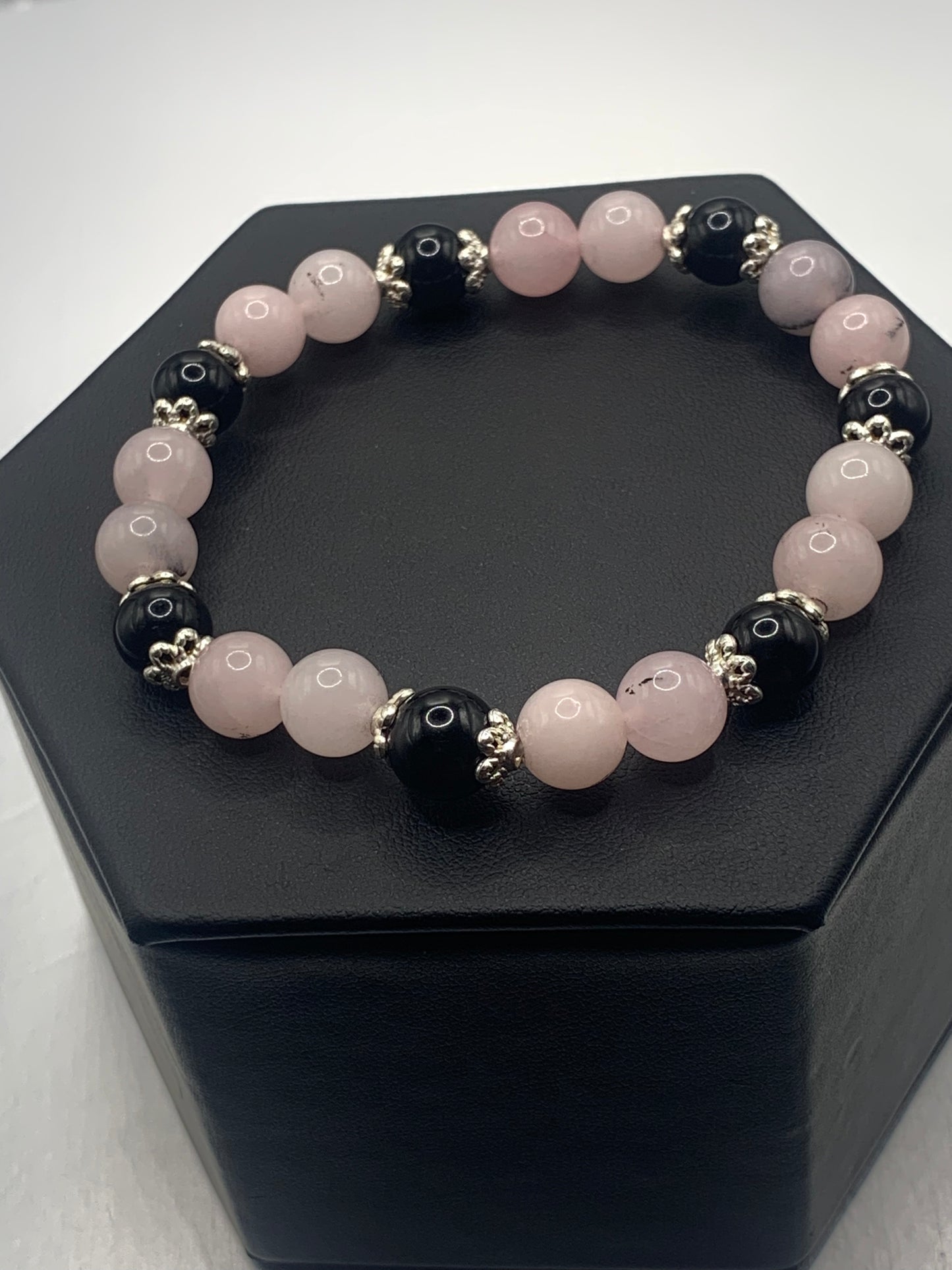 Black obsidian with pink opal chalcedony semi precious stone/crystal beaded elastic bracelet with silver plated flower bead caps