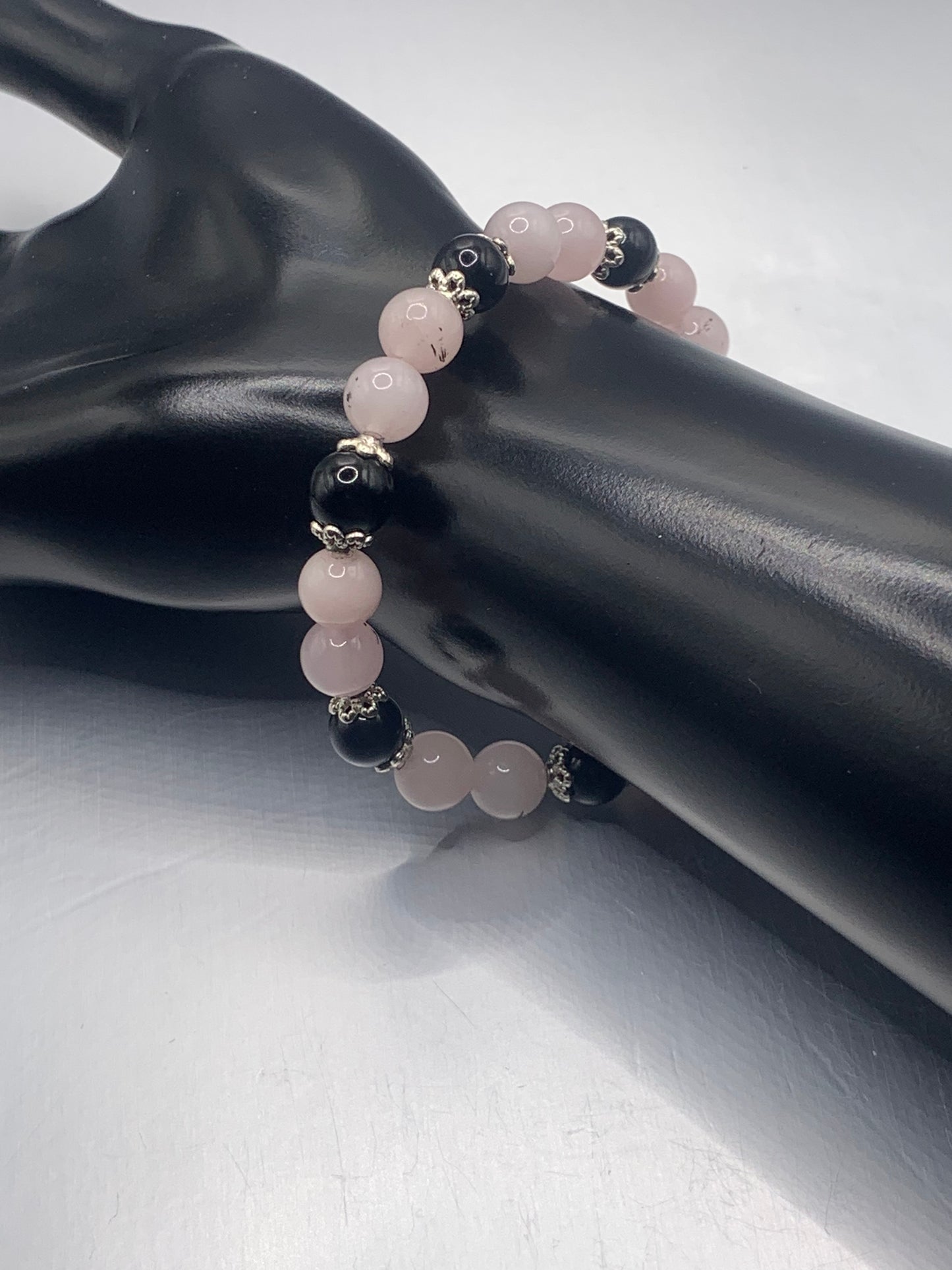 Black obsidian with pink opal chalcedony semi precious stone/crystal beaded elastic bracelet with silver plated flower bead caps