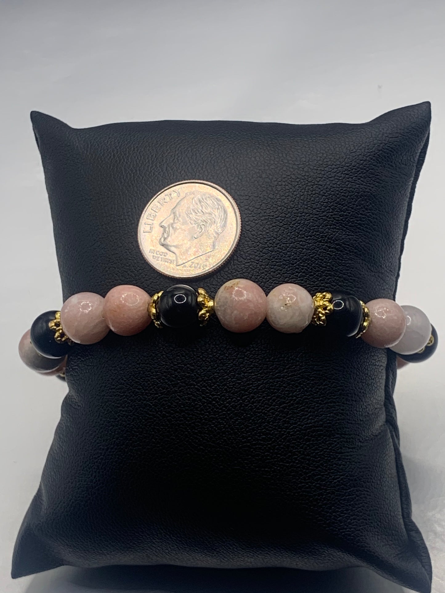 Black obsidian with pink opal semi precious stone/crystal beaded elastic bracelet with gold plated flower bead caps