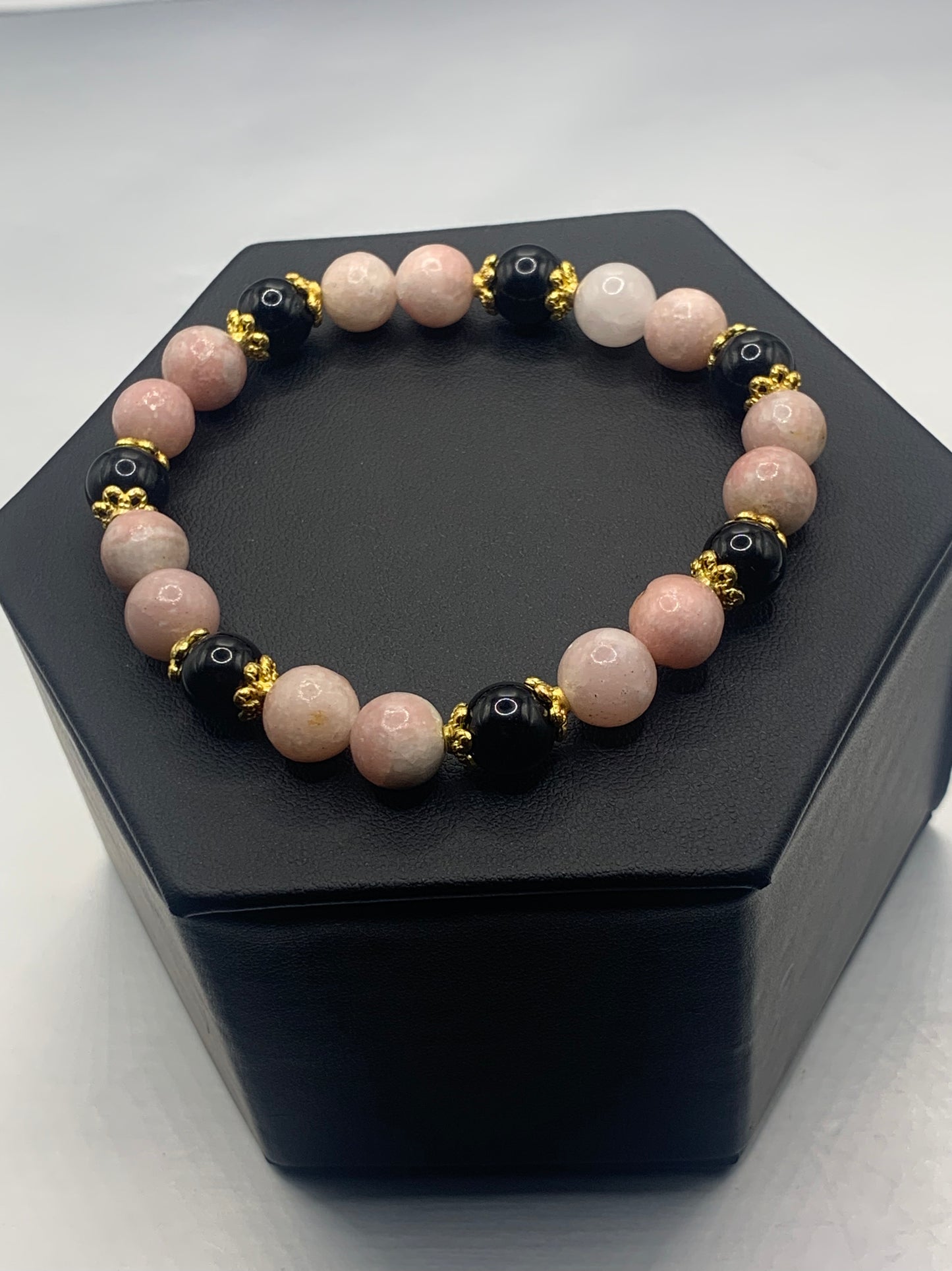 Black obsidian with pink opal semi precious stone/crystal beaded elastic bracelet with gold plated flower bead caps