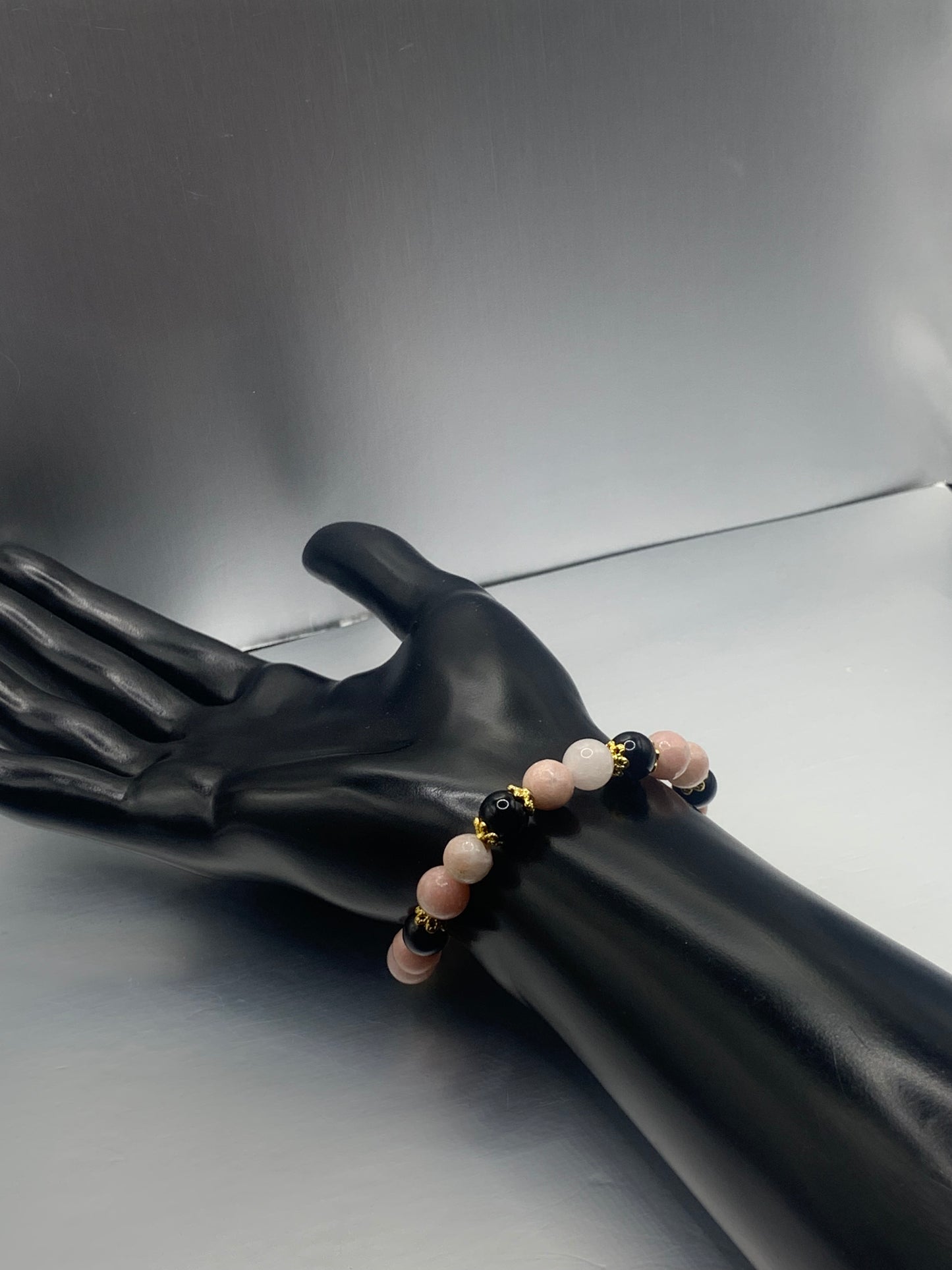 Black obsidian with pink opal semi precious stone/crystal beaded elastic bracelet with gold plated flower bead caps