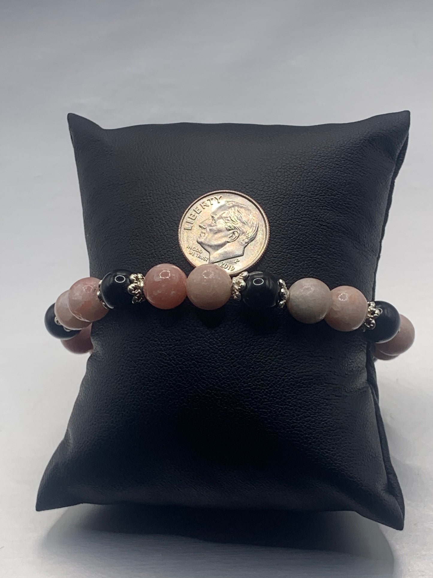 Black obsidian with pink opal semi precious stone/crystal beaded elastic bracelet with silver plated flower bead caps