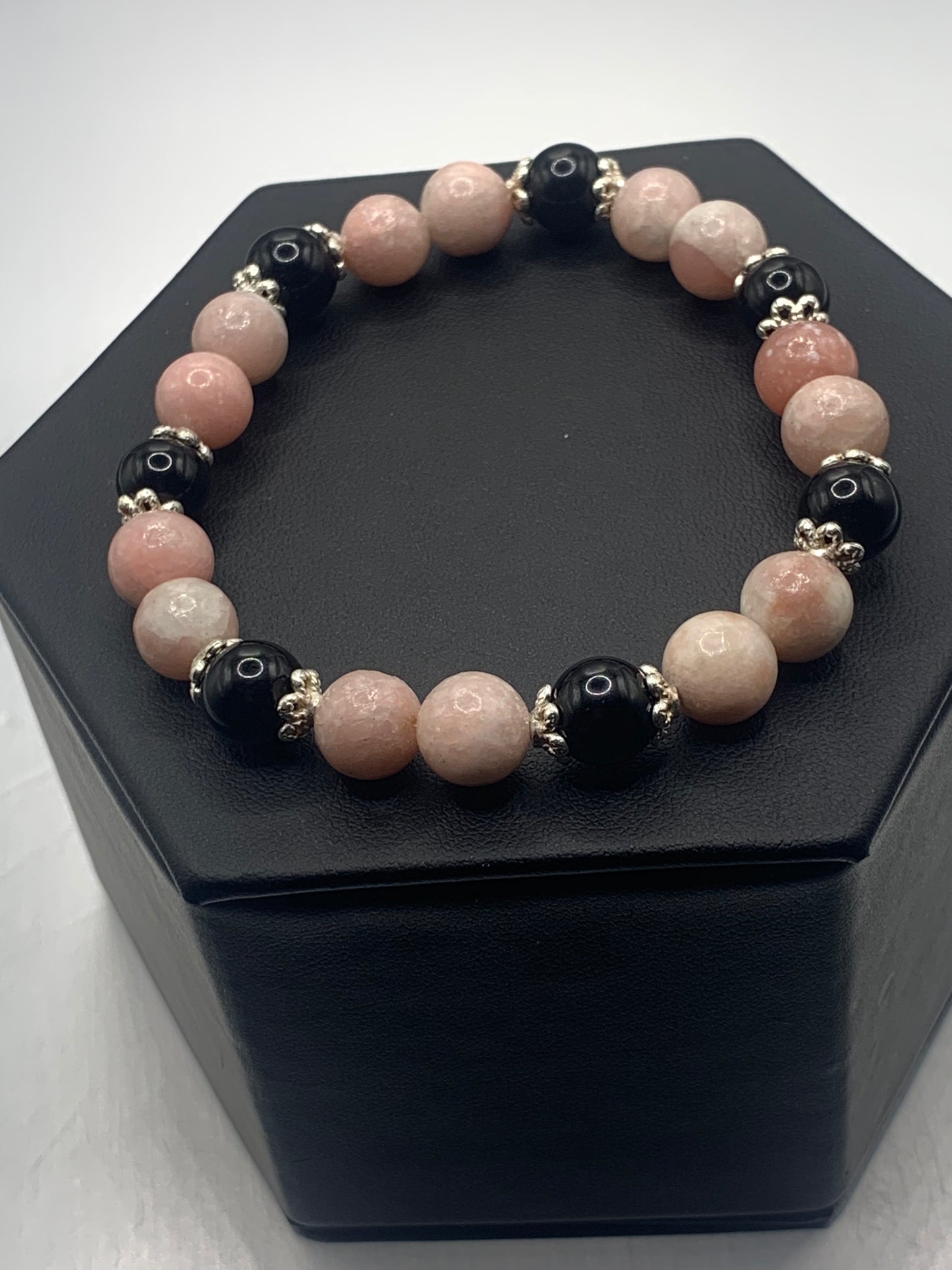 Black obsidian with pink opal semi precious stone/crystal beaded elastic bracelet with silver plated flower bead caps