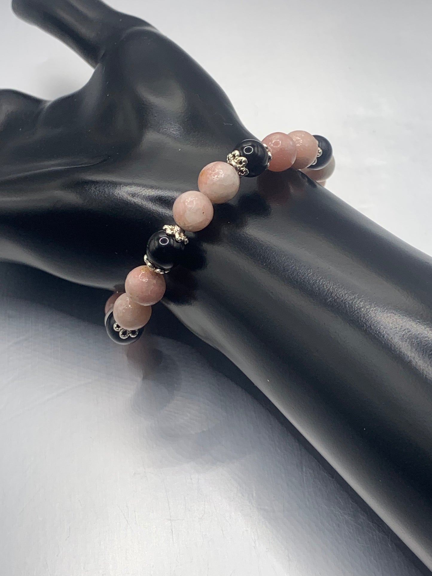 Black obsidian with pink opal semi precious stone/crystal beaded elastic bracelet with silver plated flower bead caps