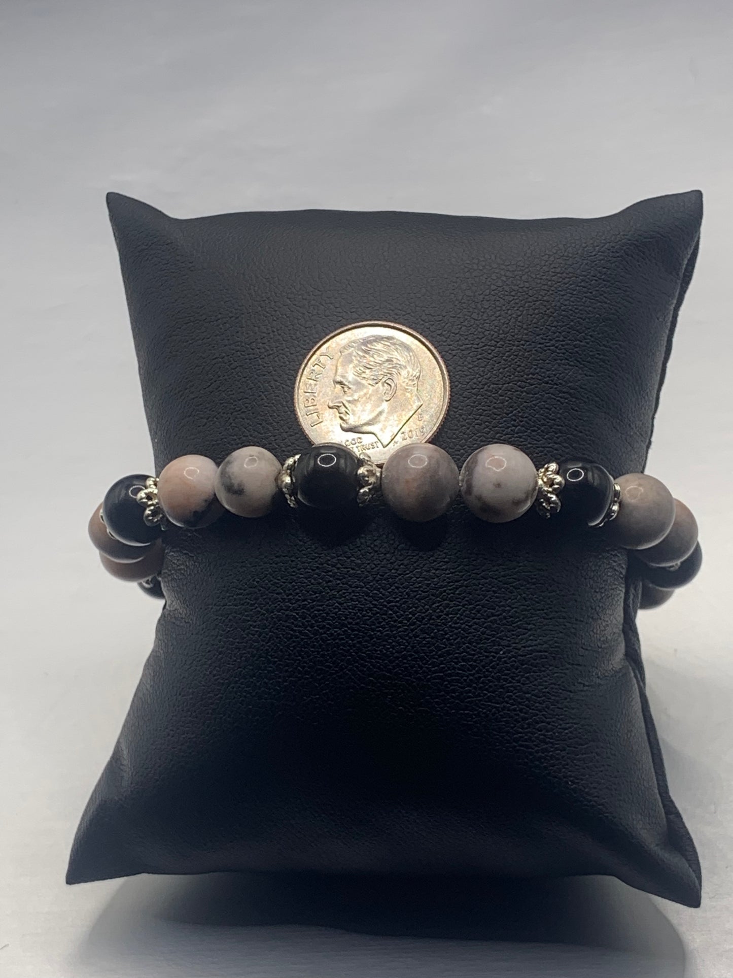 Black obsidian with pink zebra jasper semi precious stone/crystal beaded elastic bracelet with silver plated flower bead caps