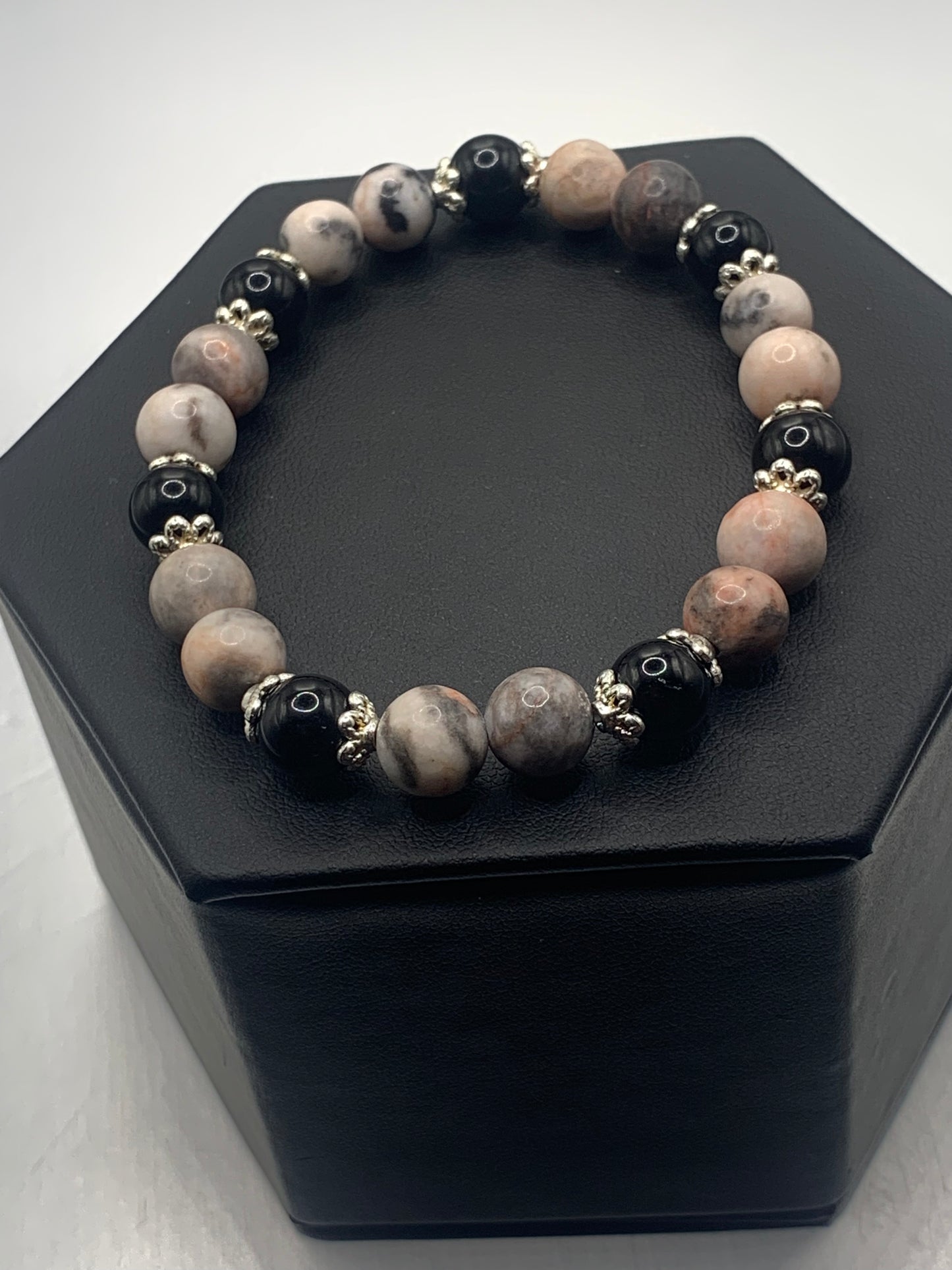 Black obsidian with pink zebra jasper semi precious stone/crystal beaded elastic bracelet with silver plated flower bead caps