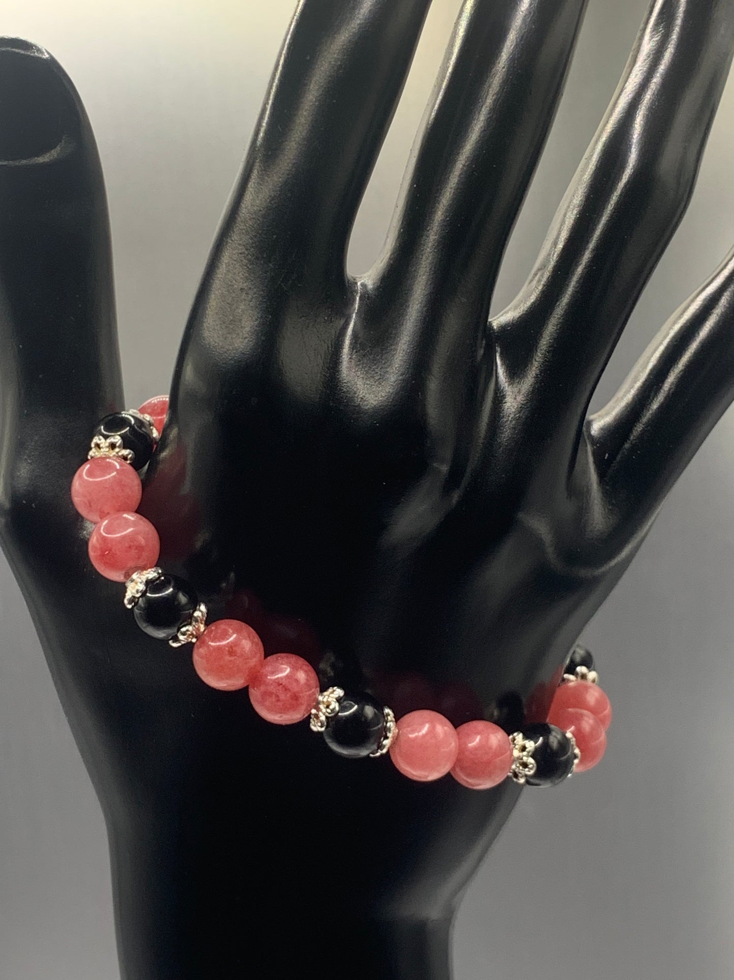 Black obsidian with pink chalcedony semi precious stone/crystal beaded elastic bracelet with silver plated flower bead caps