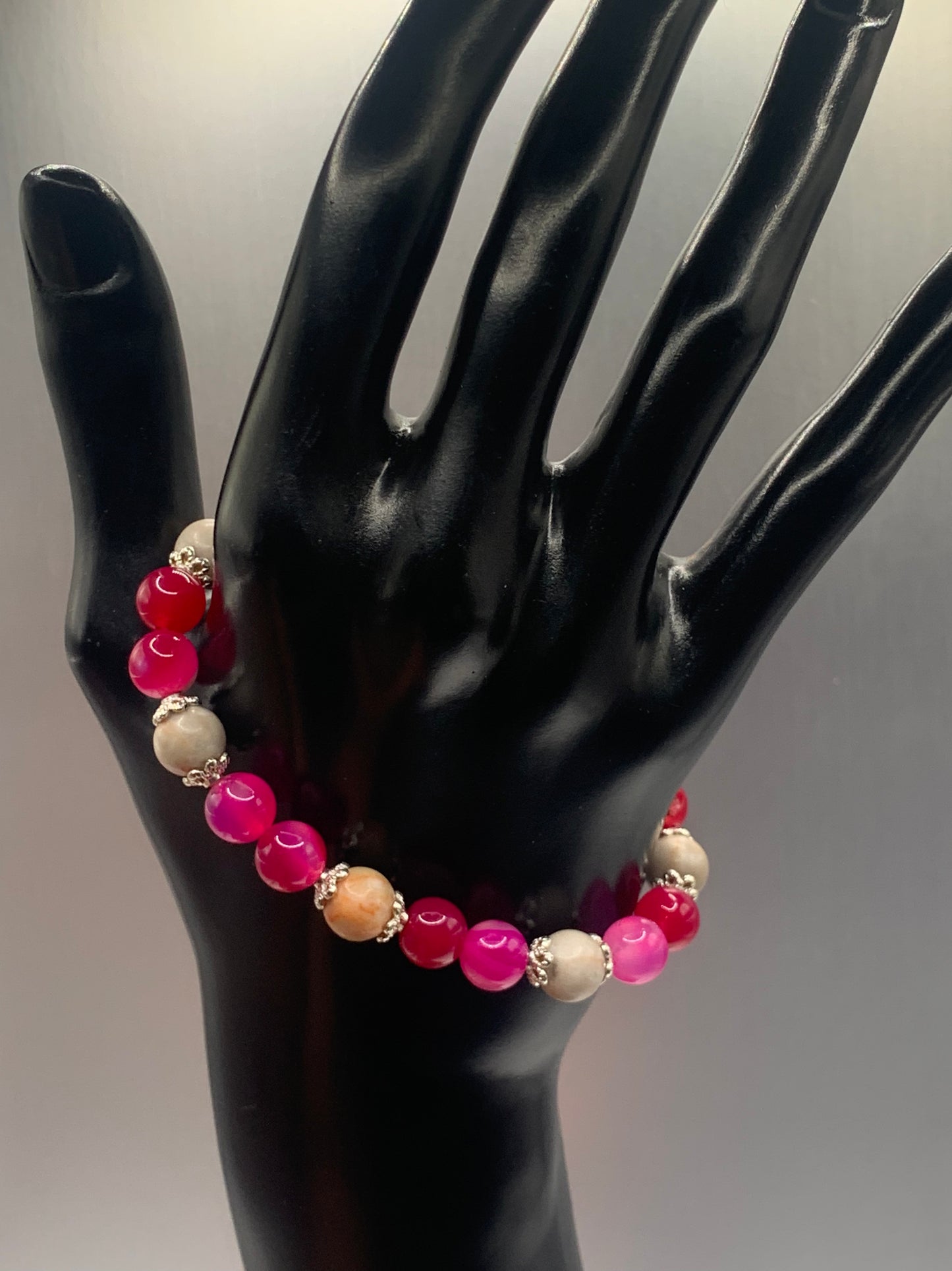 Red vein jasper and pink lace agate semi precious stone/crystal elastic beaded bracelet with silver plated flower bead caps